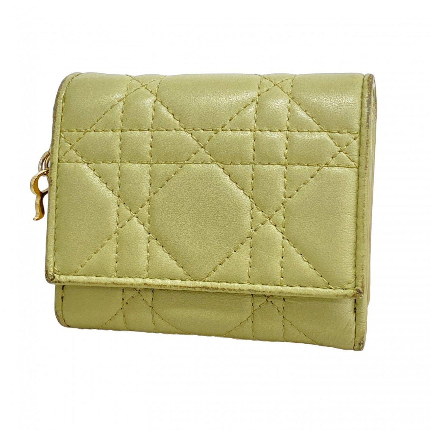 Christian Dior Tri-Fold Wallet Cannage Leather Green Champagne