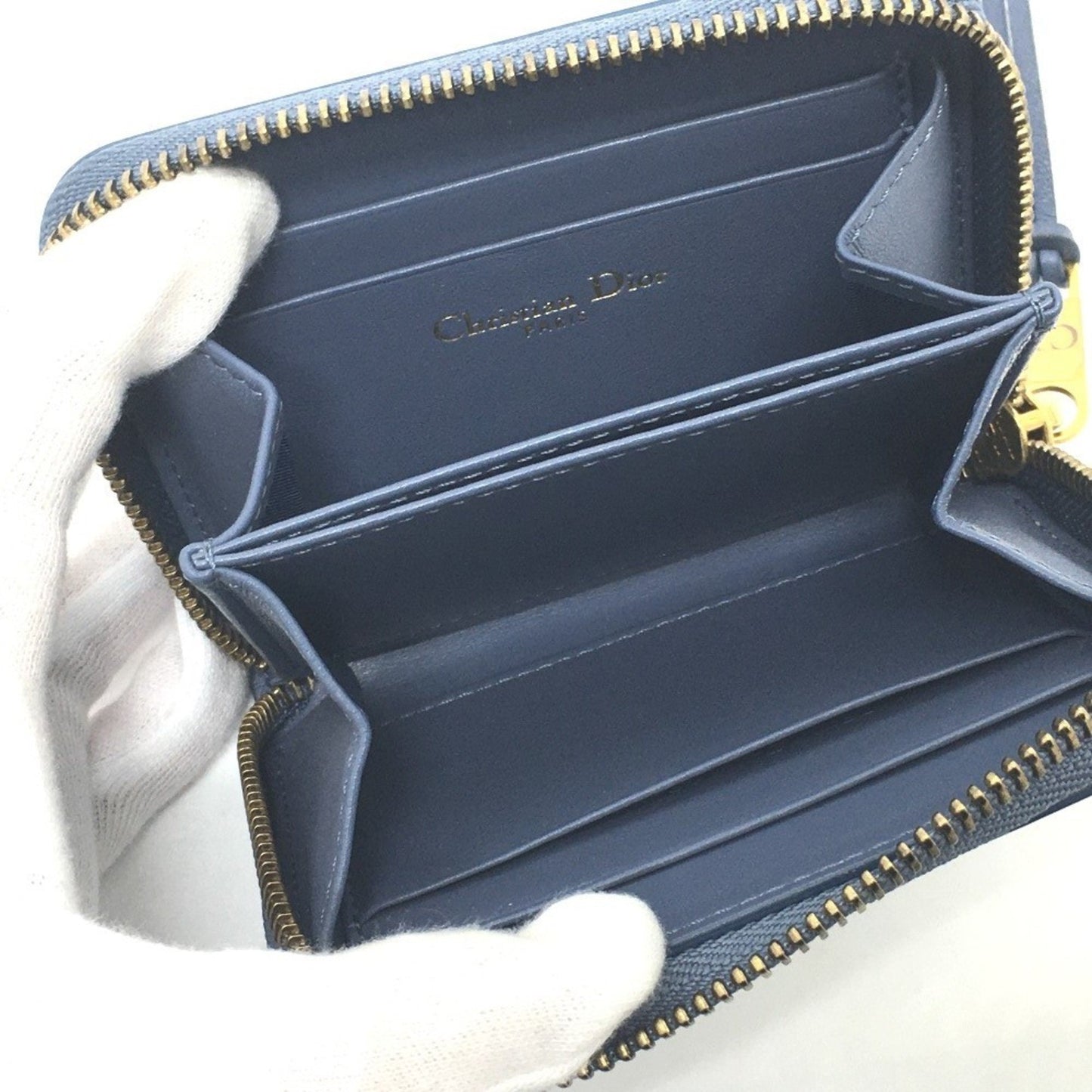 Christian Dior Dior Striped Wallet Round Zipper Coin Case Leather