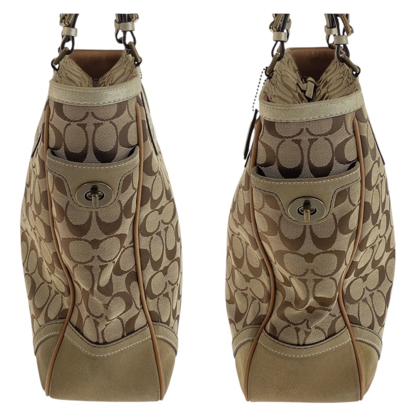Coach Signature Beige Gold Hardware Canvas Tote Bag Shoulder