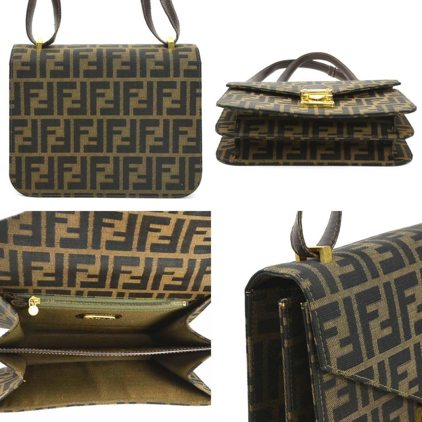 Fendi Shoulder Bag Zucca Canvas Leather Brown Gold