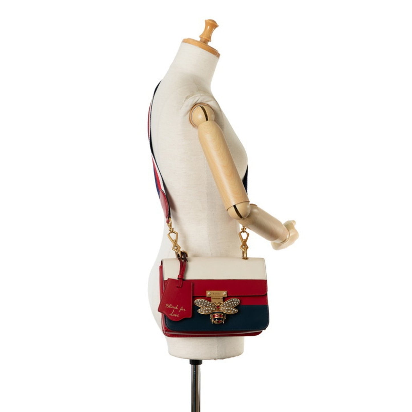 Gucci Queen Margaret Bee Tricolor Shoulder Bag 476542 White Red Navy Leather