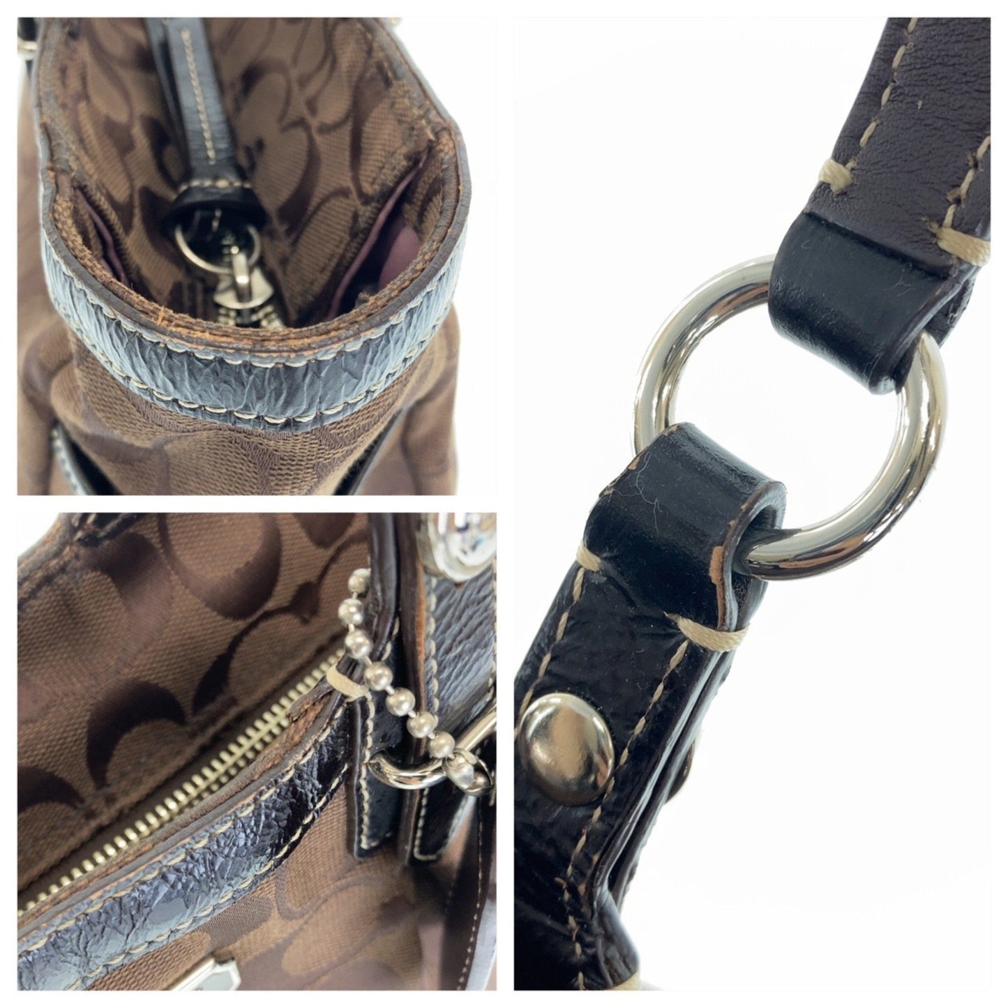 Coach Signature Brown Silver Hardware Canvas Tote Bag Shoulder
