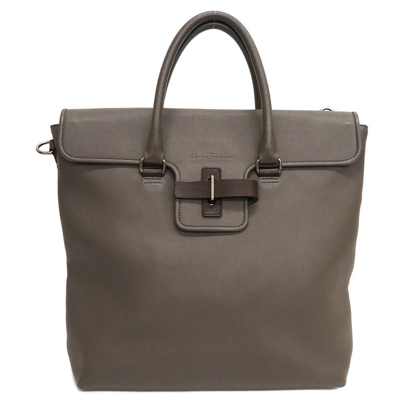 Salvatore Ferragamo Leather Large Tote Bag Greige Belt Flap