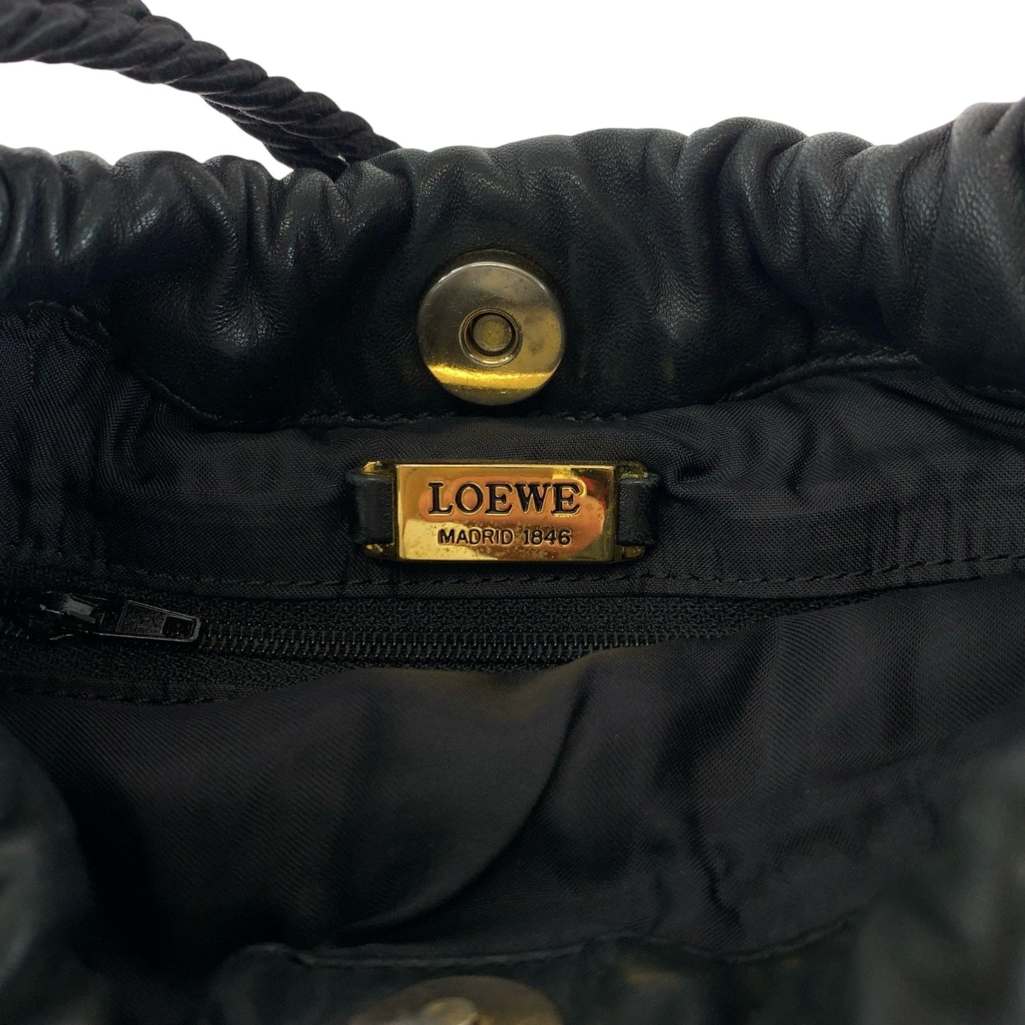 Loewe Vintage Logo Fringe Black Leather Shoulder Bag Drawstring