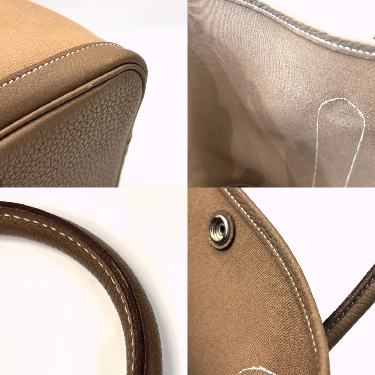 Hermes Garden Pm Toile Officier X Leather Etoupe Handbag Beige