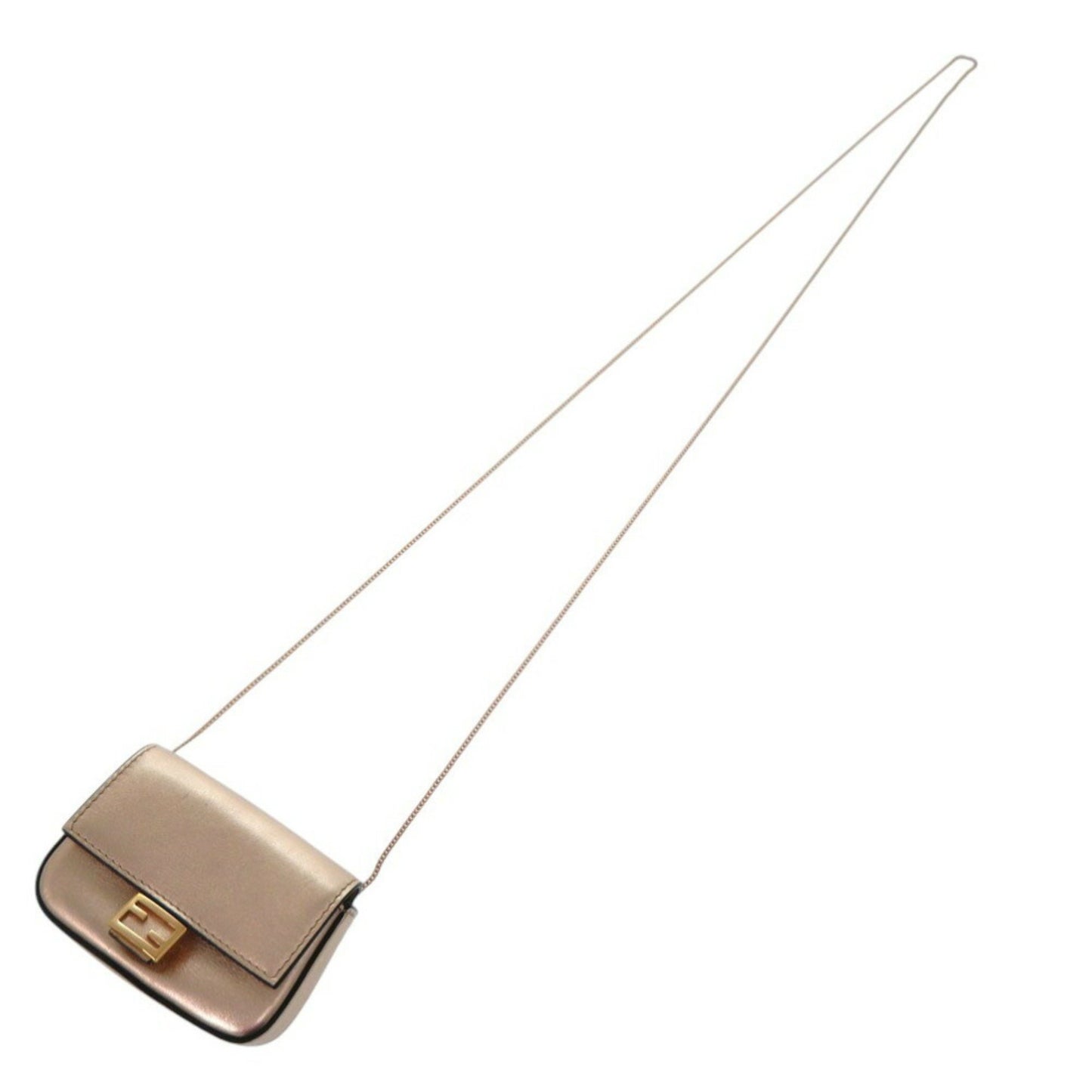 Fendi Nano Baguette Charm Chain Shoulder Pouch Mini Pochette Metallic Leather Pink Gold 0070Fendi