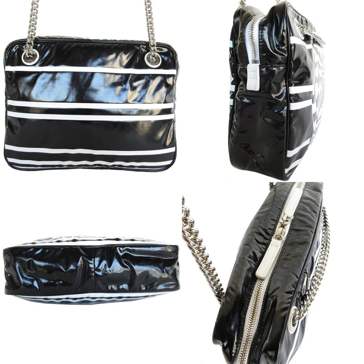 Chanel Shoulder Bag Enamel Black White Silver