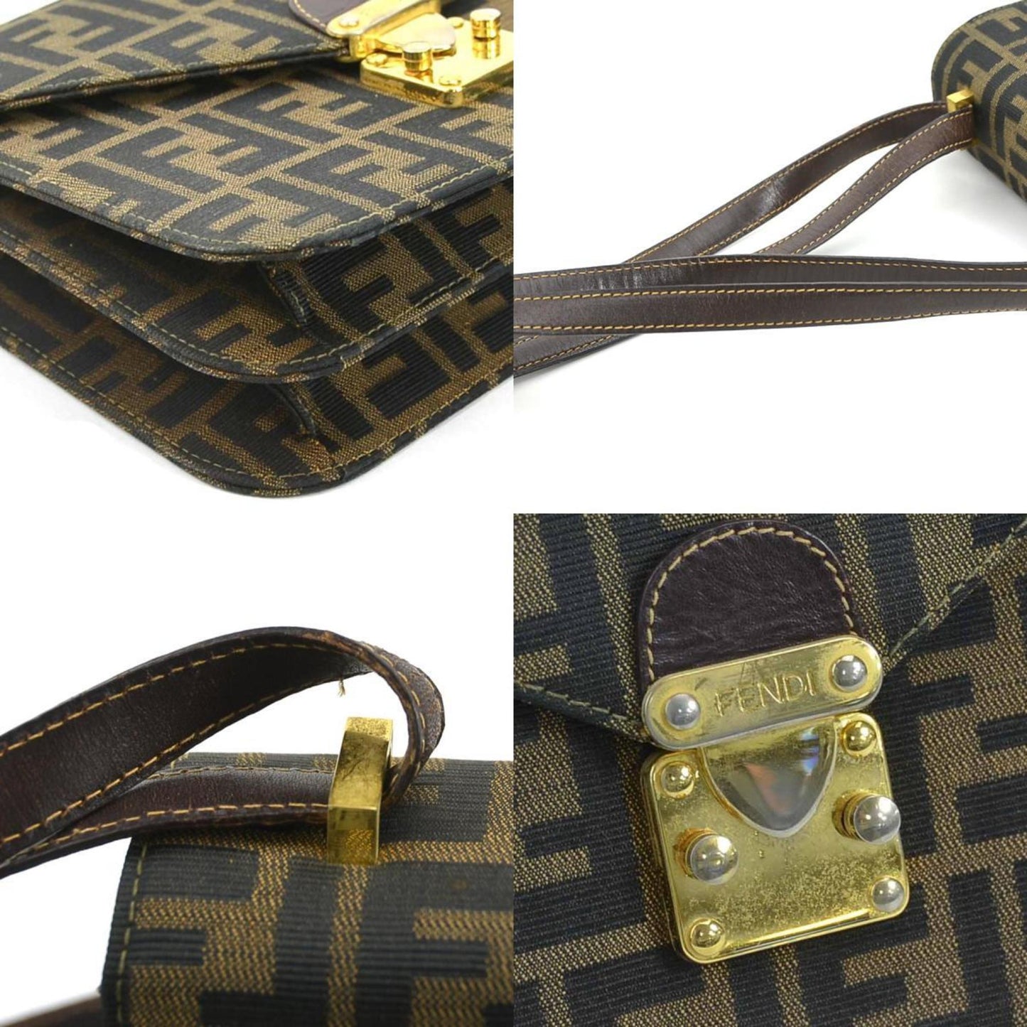 Fendi Shoulder Bag Zucca Canvas Leather Brown Gold