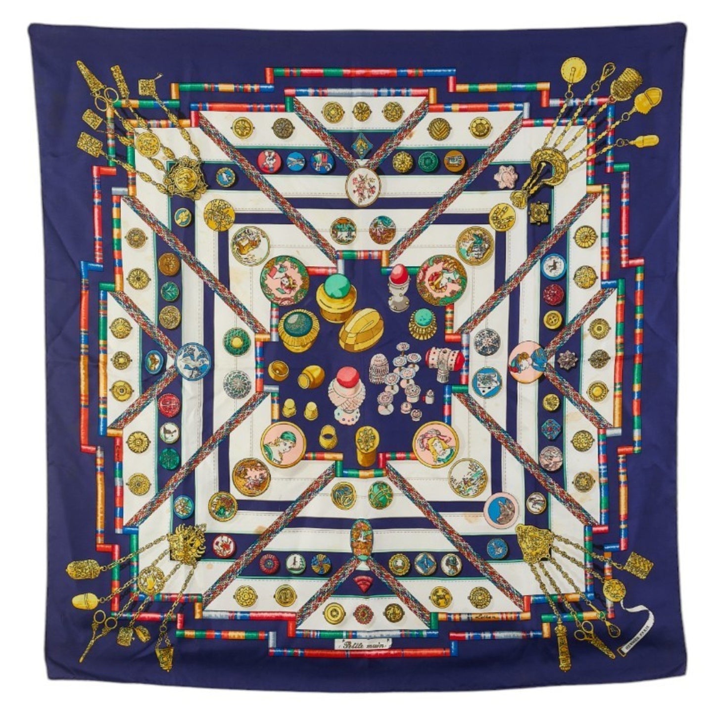 Hermes Carr 90 Pelile Main Seamstress Scarf Muffler Navy Multicolor Silk
