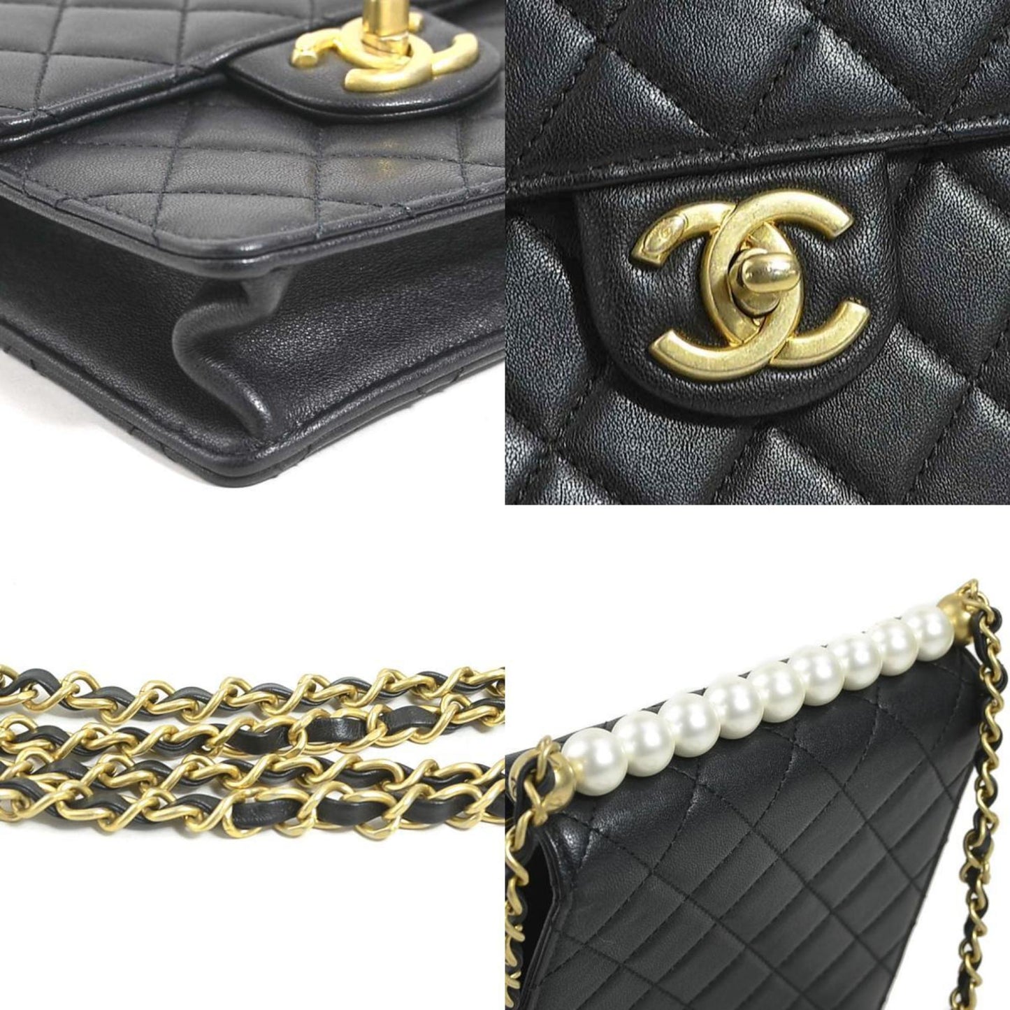 Chanel Shoulder Bag Matelasse Leather Faux Pearl Black Off-White Gold