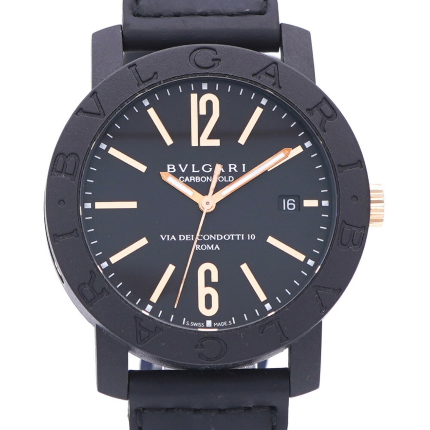 Bvlgari Carbon Gold Bb40Cl Automatic Watch Carbon/Leather Black Dial 0039Bvlgari