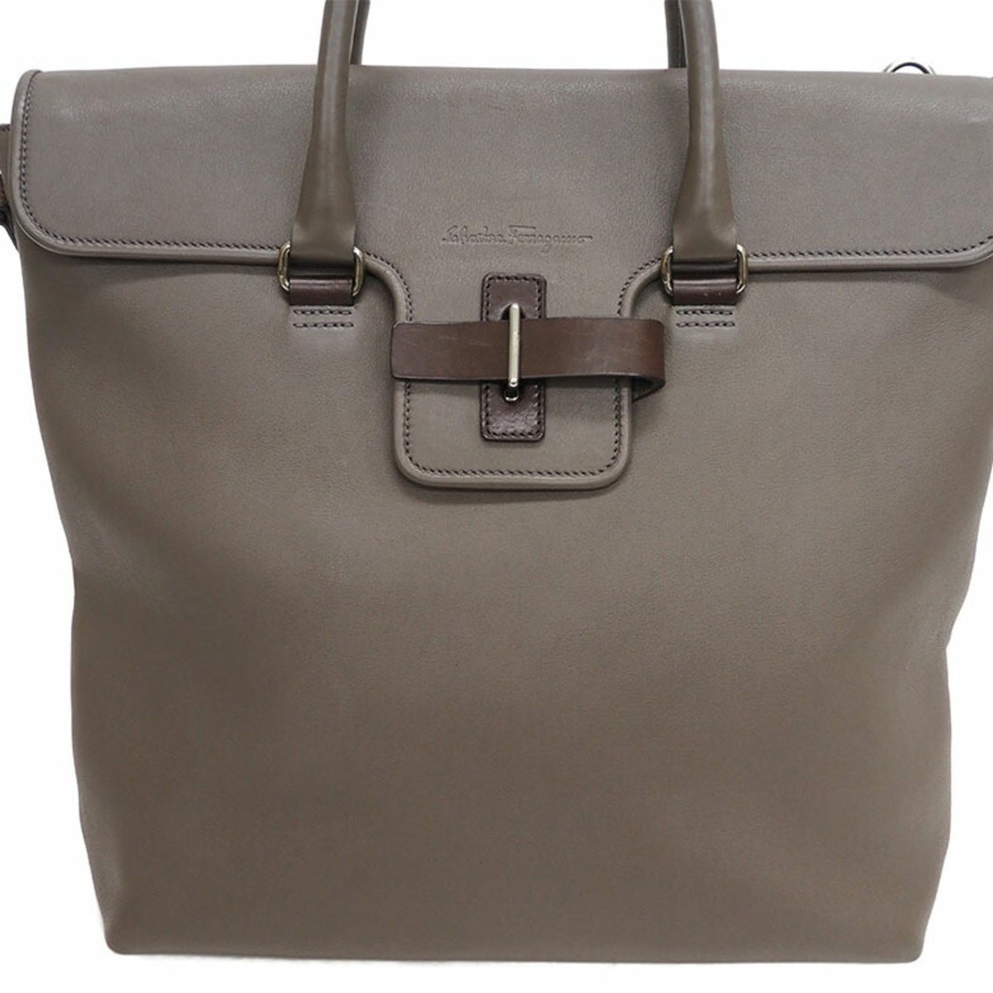 Salvatore Ferragamo Leather Large Tote Bag Greige Belt Flap