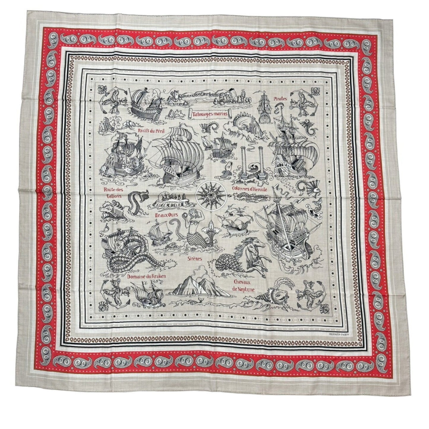 Hermes Hermes Carre Geant Sailor Tattoo Bandana Natural Rouge Noir Red Black Cashmere Silk 140