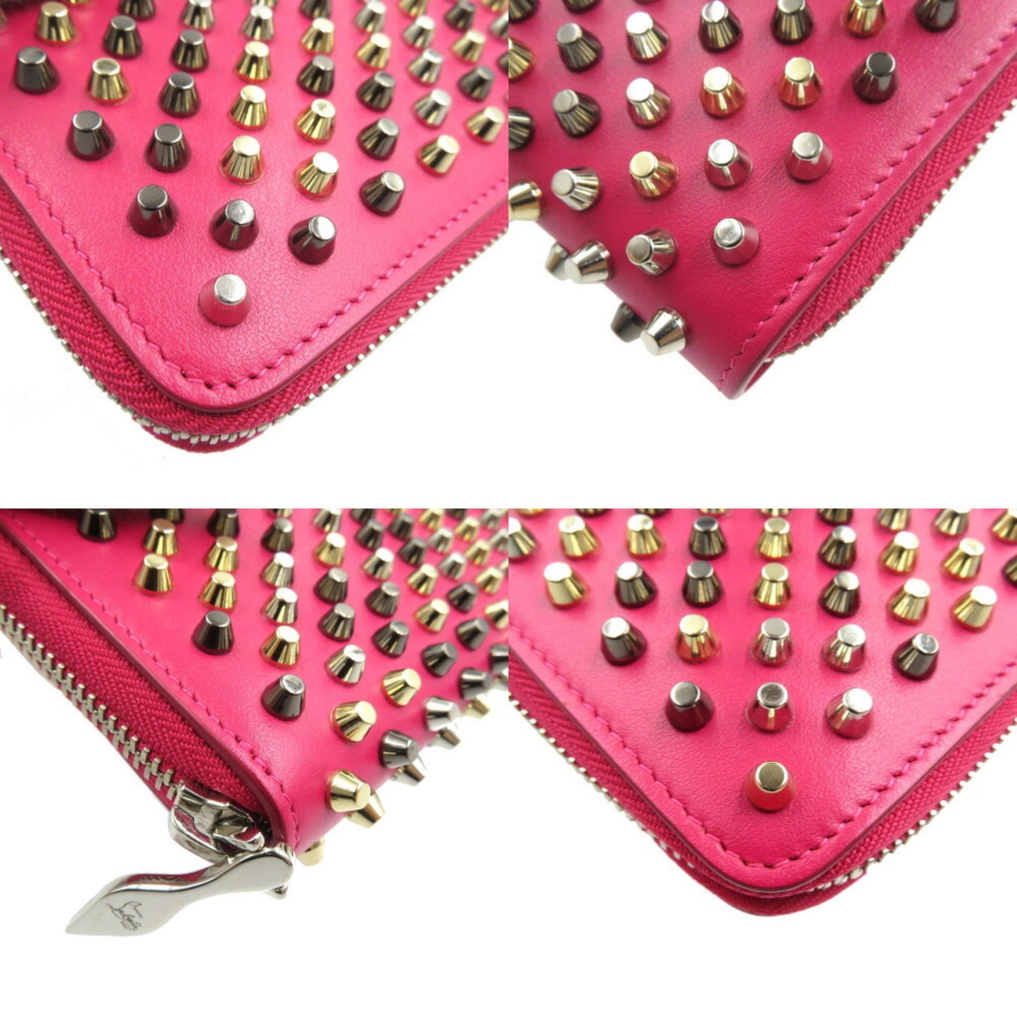 Christian Louboutin Panettone Studs 1175161 Leather Rosa Pink Red Round Long Wallet 0502Christian