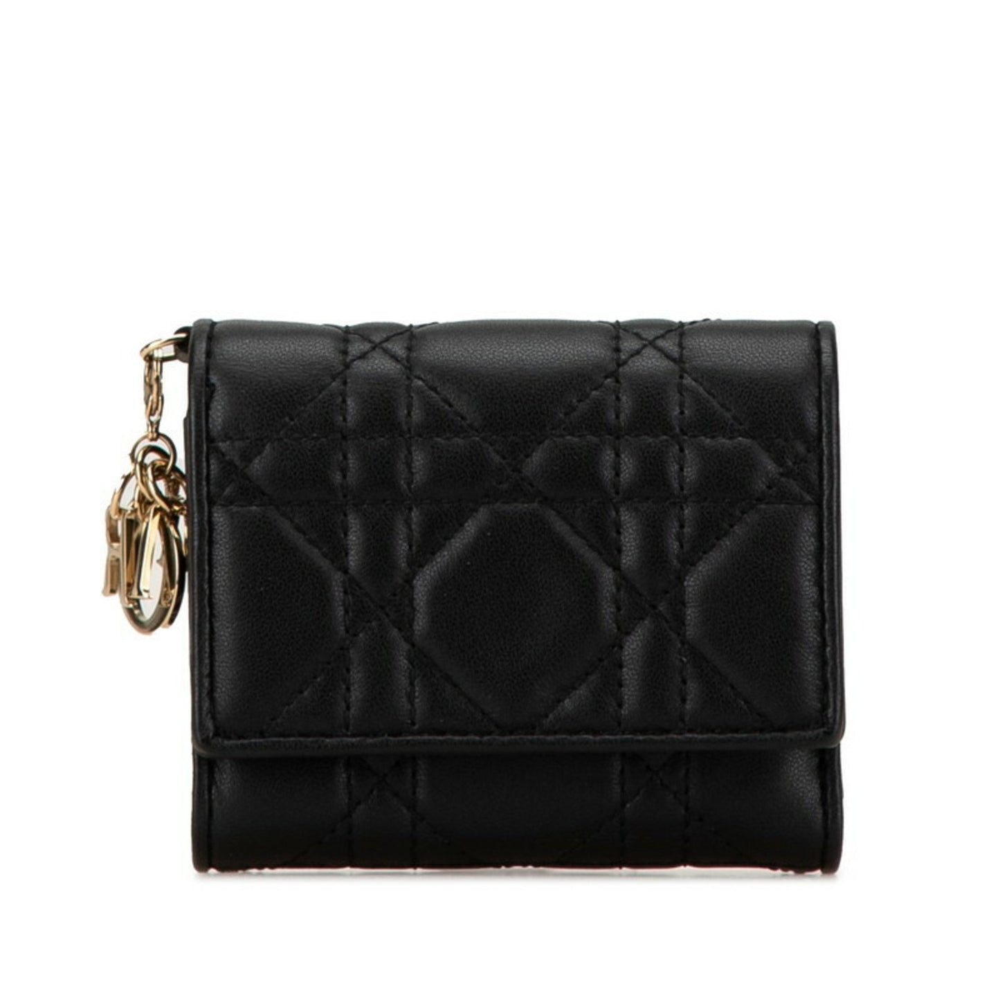 Christian Dior Dior Cannage Tri-Fold Wallet Compact Black Leather