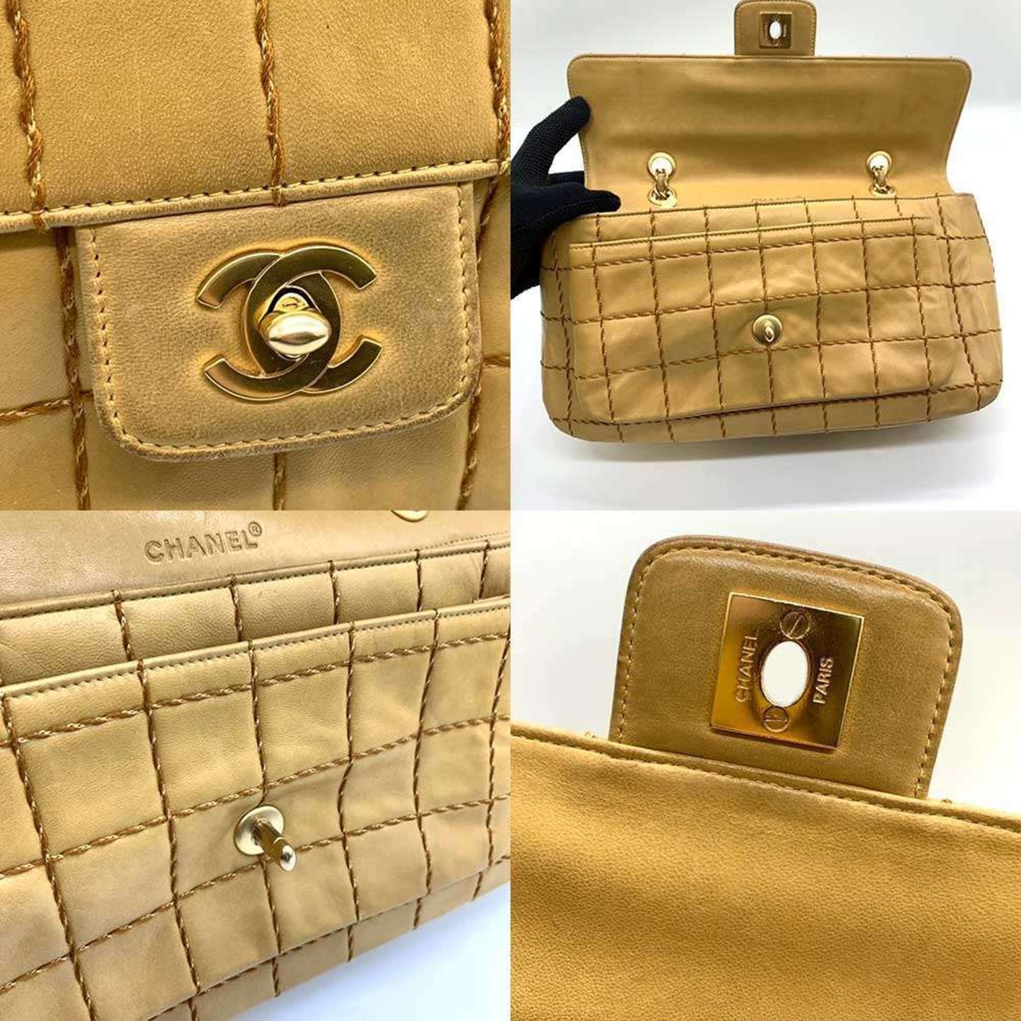 Chanel Wild Stitch Chocolate Bar Chain Shoulder Lambskin Bag Beige
