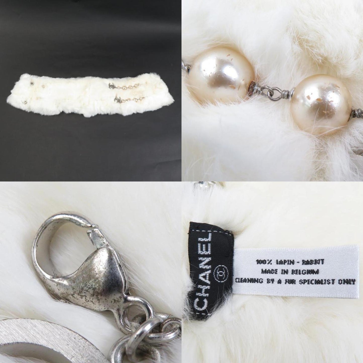 Chanel Scarf Tippet Rabbit Fur Faux Pearl White