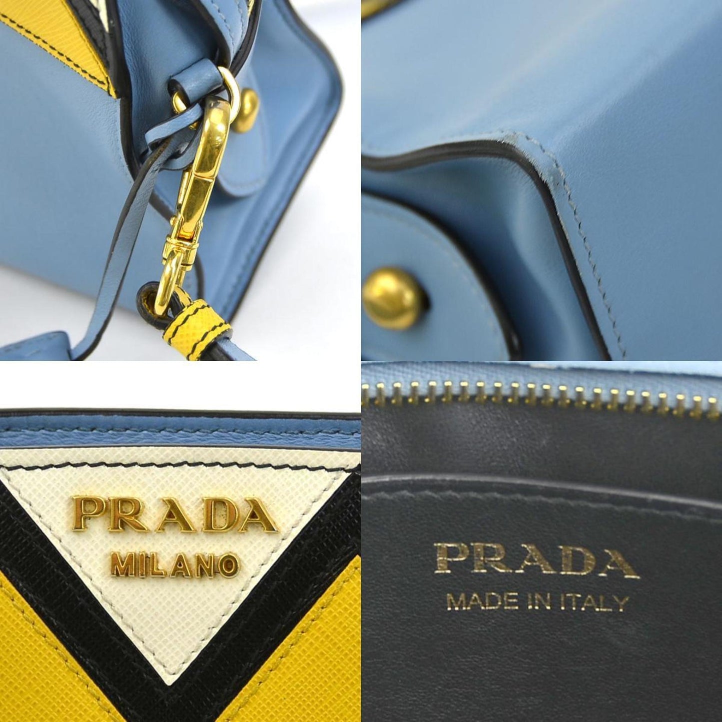 Prada Shoulder Bag Leather Blue Yellow White Gold