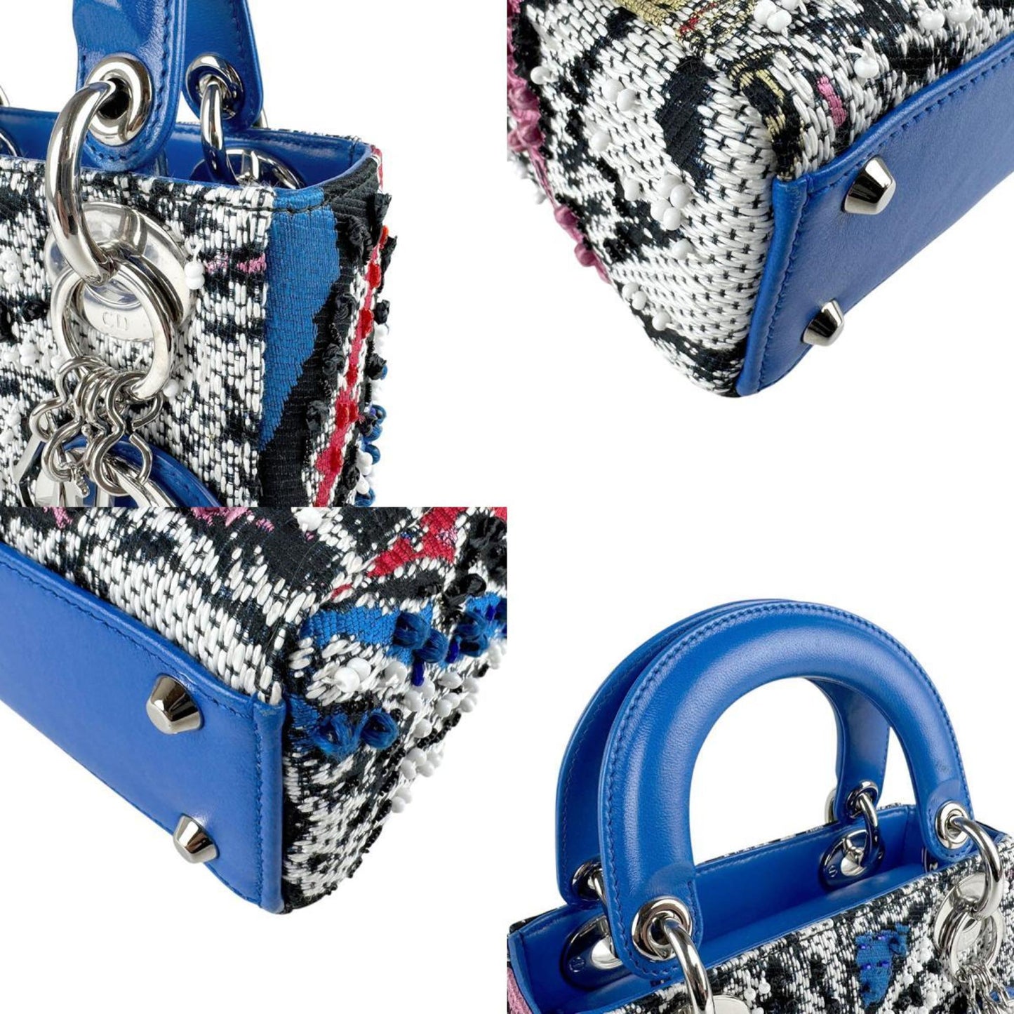 Christian Dior Handbag Shoulder Bag Lady Tweed Beads Leather Blue X Black