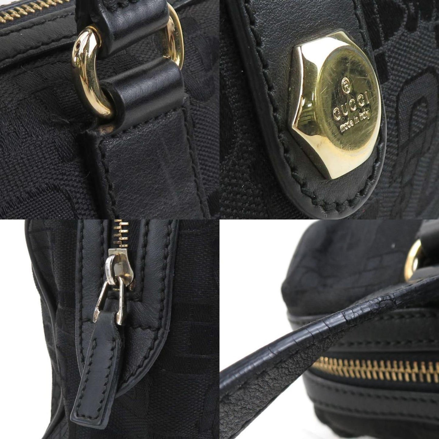 Gucci Handbag Canvas Leather Black Gold