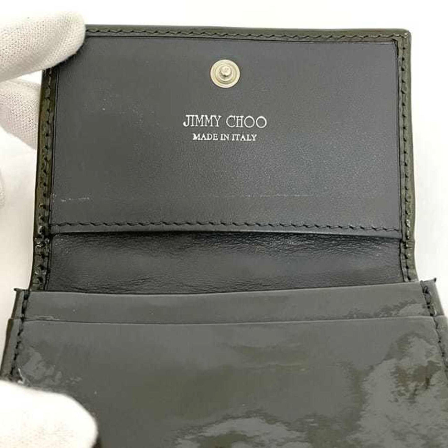 Jimmy Choo Business Card Case Ec-23889 Khaki Green Patent Leather Jimmy Choo Studded Star Design