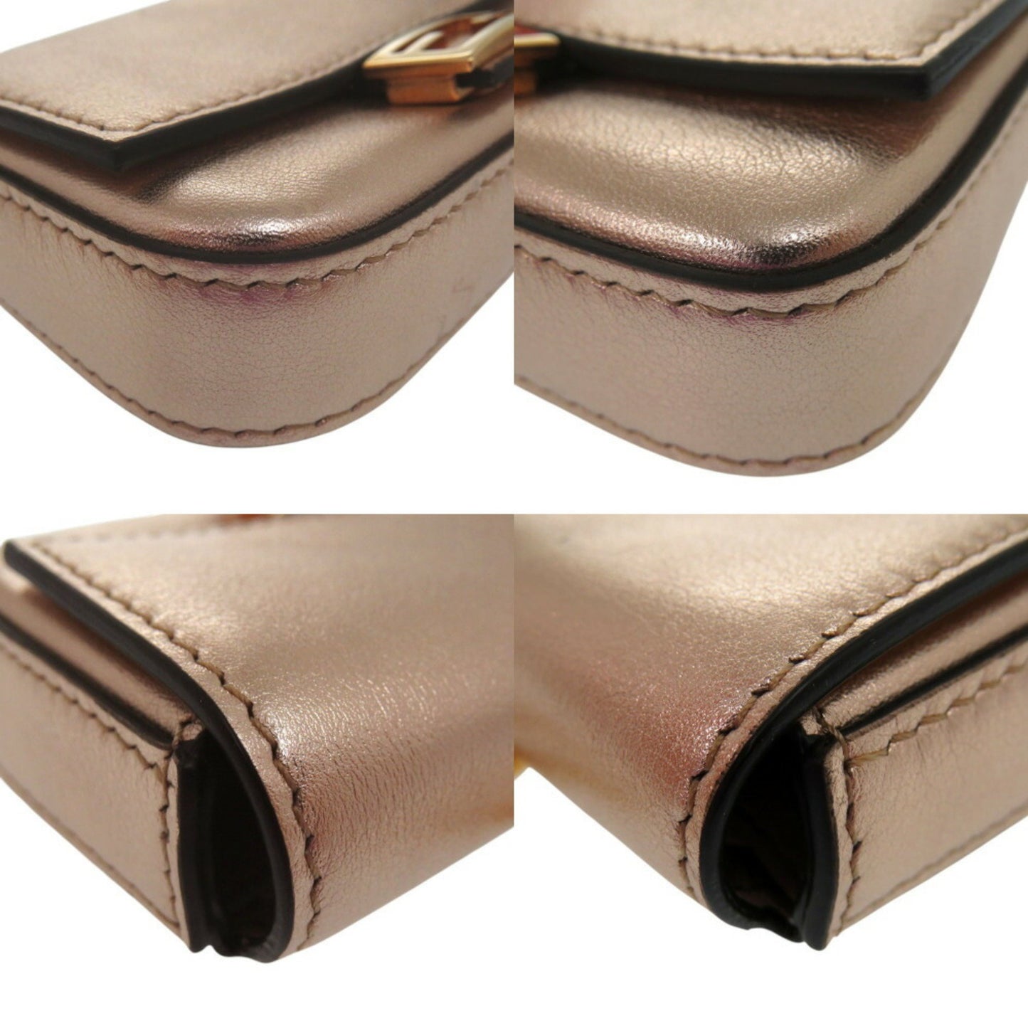 Fendi Nano Baguette Charm Chain Shoulder Pouch Mini Pochette Metallic Leather Pink Gold 0070Fendi