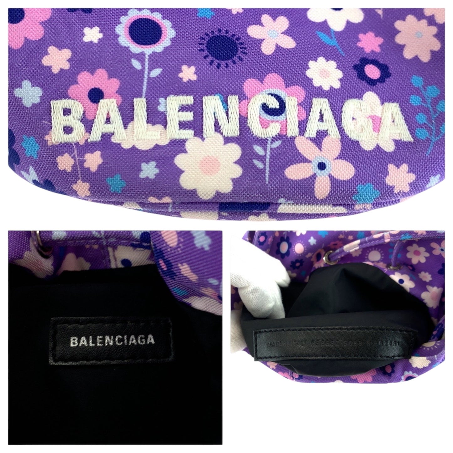 Balenciaga Drawstring Bucket Bag Flower Purple Multicolor Silver Hardware Ikat Nylon Canvas 656682