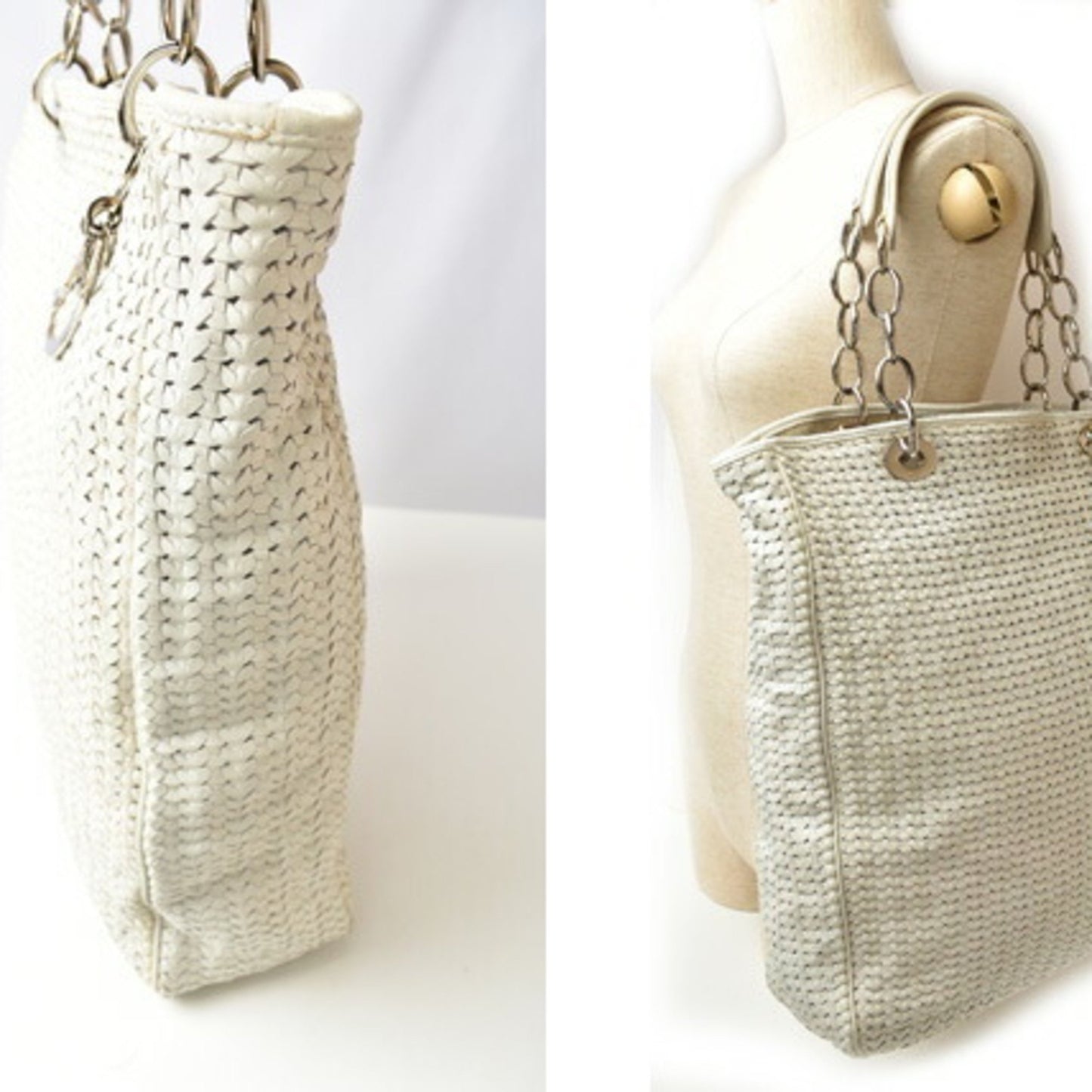 Christian Dior Tote Bag Lady Intrecciato White Silver