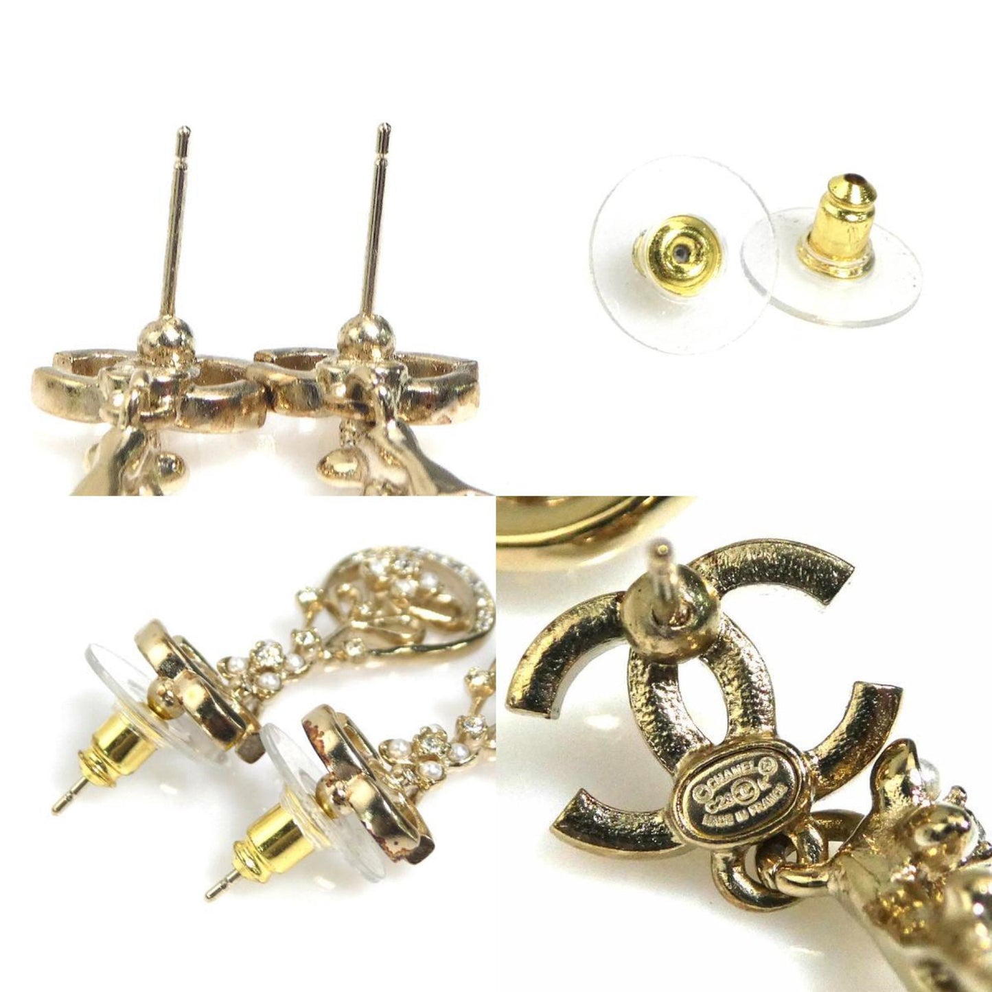 Chanel Coco Mark Metal Rhinestone Earrings Gold Silver White