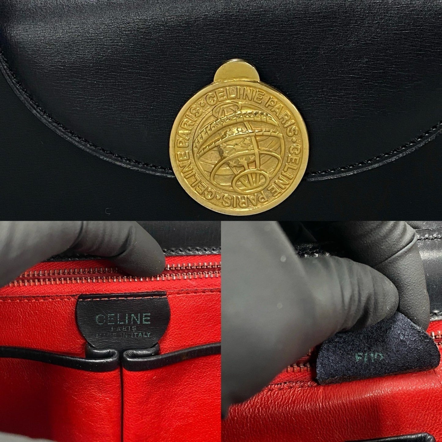 Celine Vintage Globe Logo Metal Hardware Leather Handbag Mini Tote Bag Black 30428
