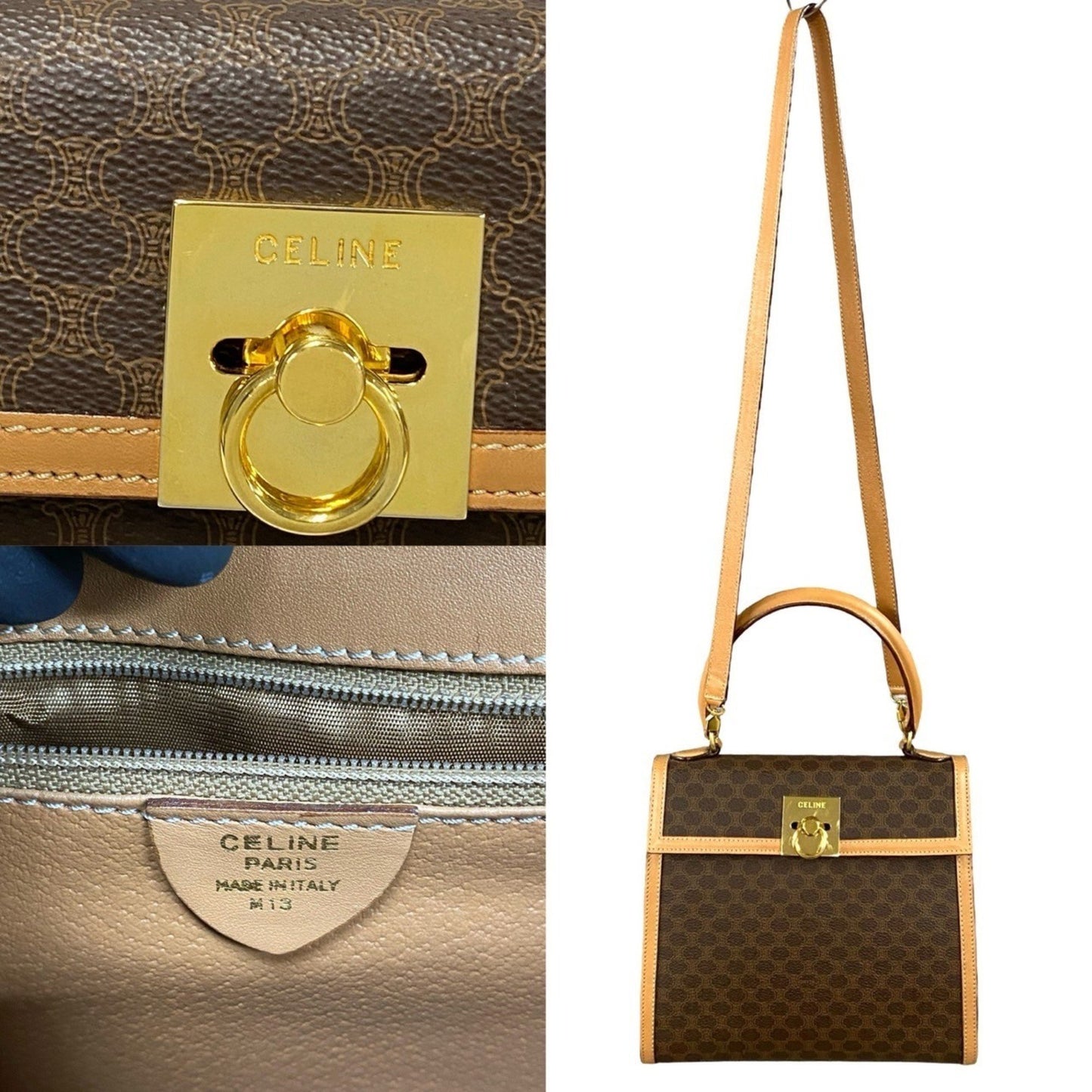Celine Macadam Blason Triomphe Print Logo Ring Hardware Leather 2-Way Handbag/Shoulder Bag Brown