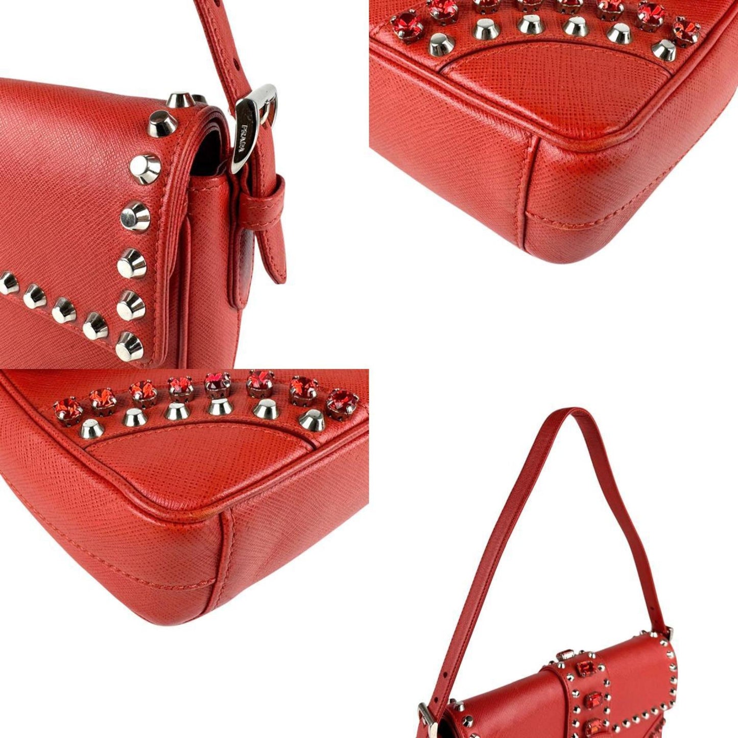 Prada Shoulder Bag Leather Metal Red Silver