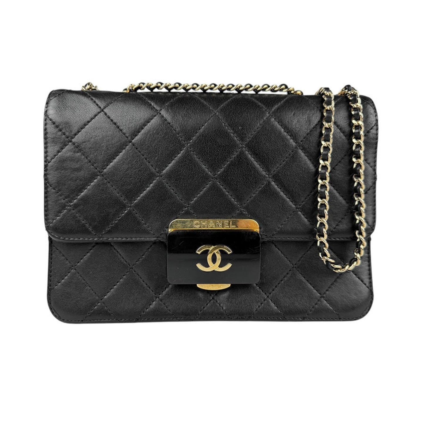 Chanel Shoulder Bag Leather Black Gold