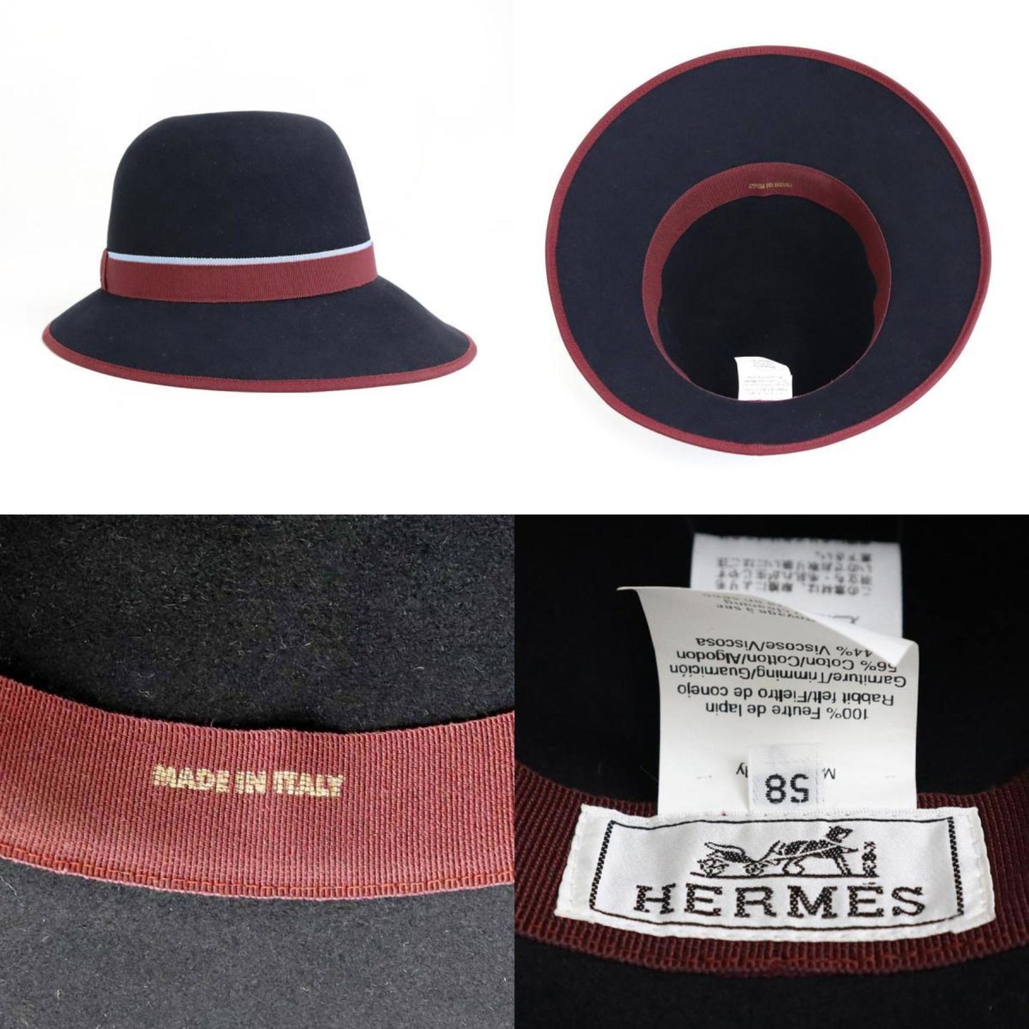 Hermes Hat Wool Black X Bordeaux Light Blue