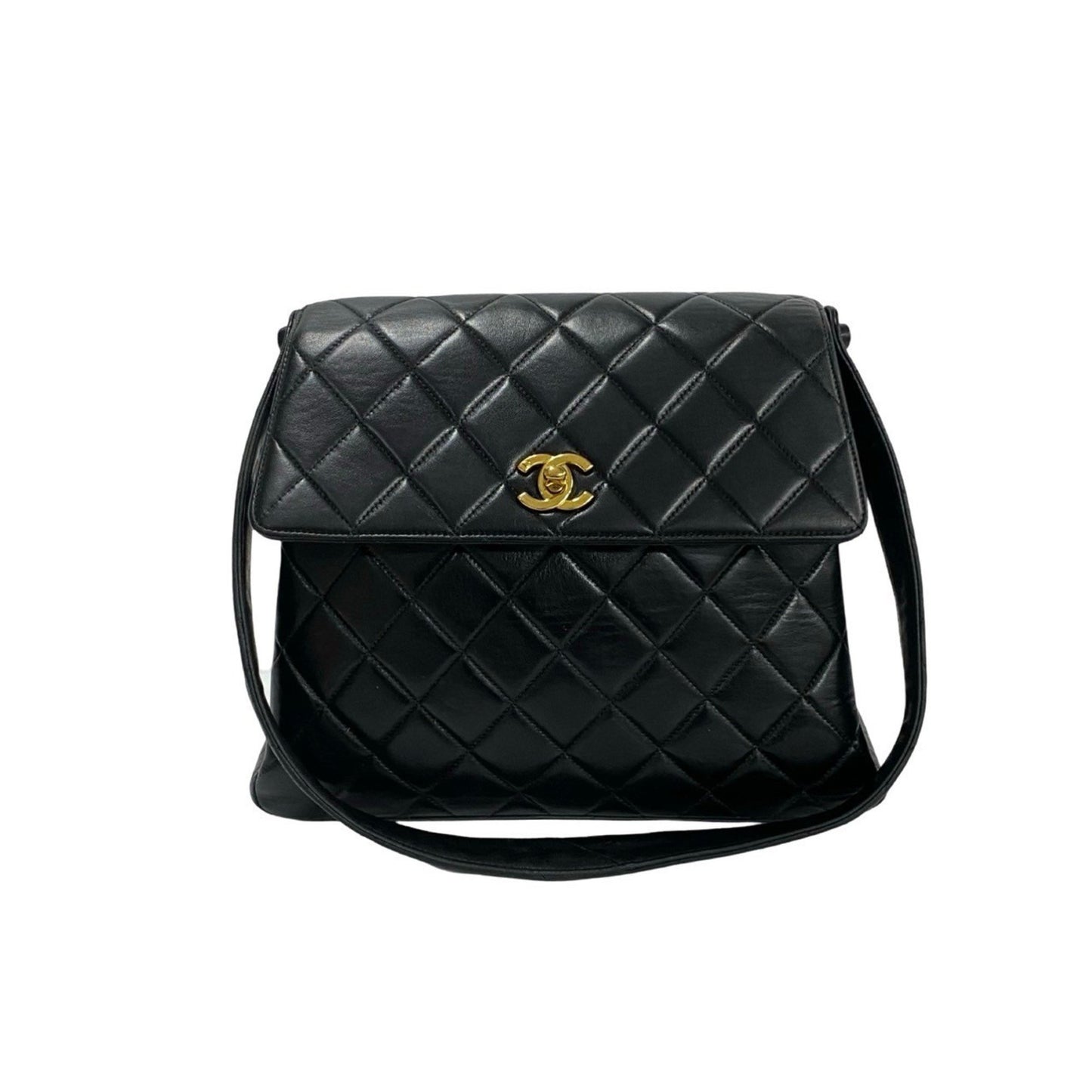 Chanel Matelasse Coco Mark Lambskin Genuine Leather One-Shoulder Bag Tote Black 37958