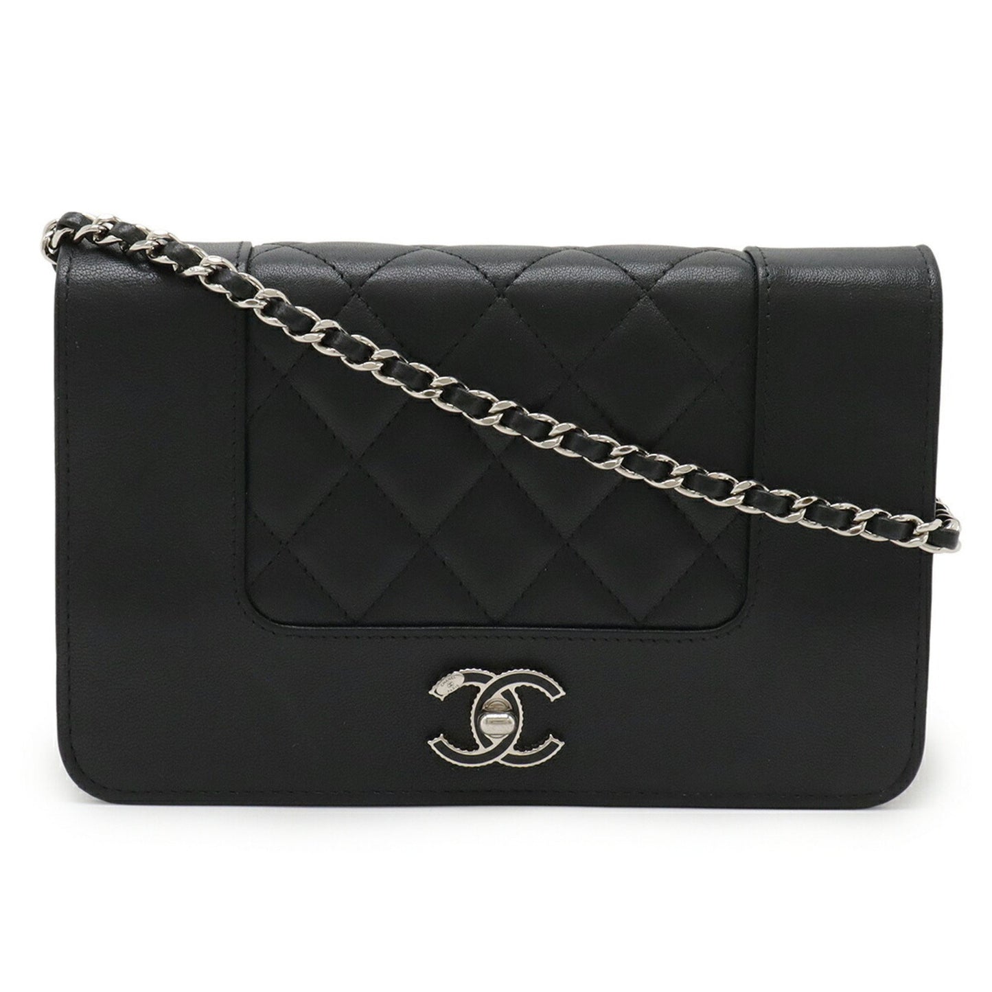 Chanel Mademoiselle Matelasse Chain Wallet Shoulder Bag Pochette Leather Black A80972