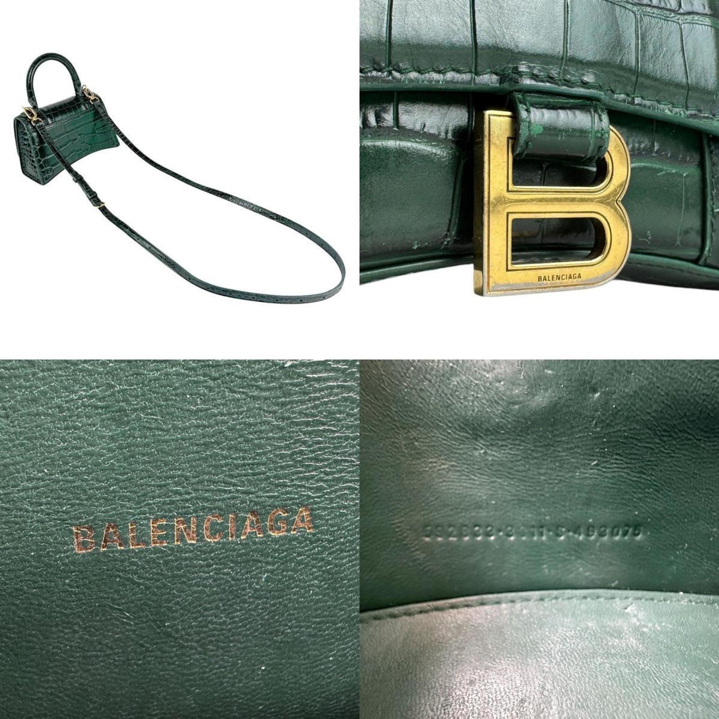 Balenciaga Handbag Shoulder Bag Hourglass Top Handle Embossed Leather Dark Green Gold