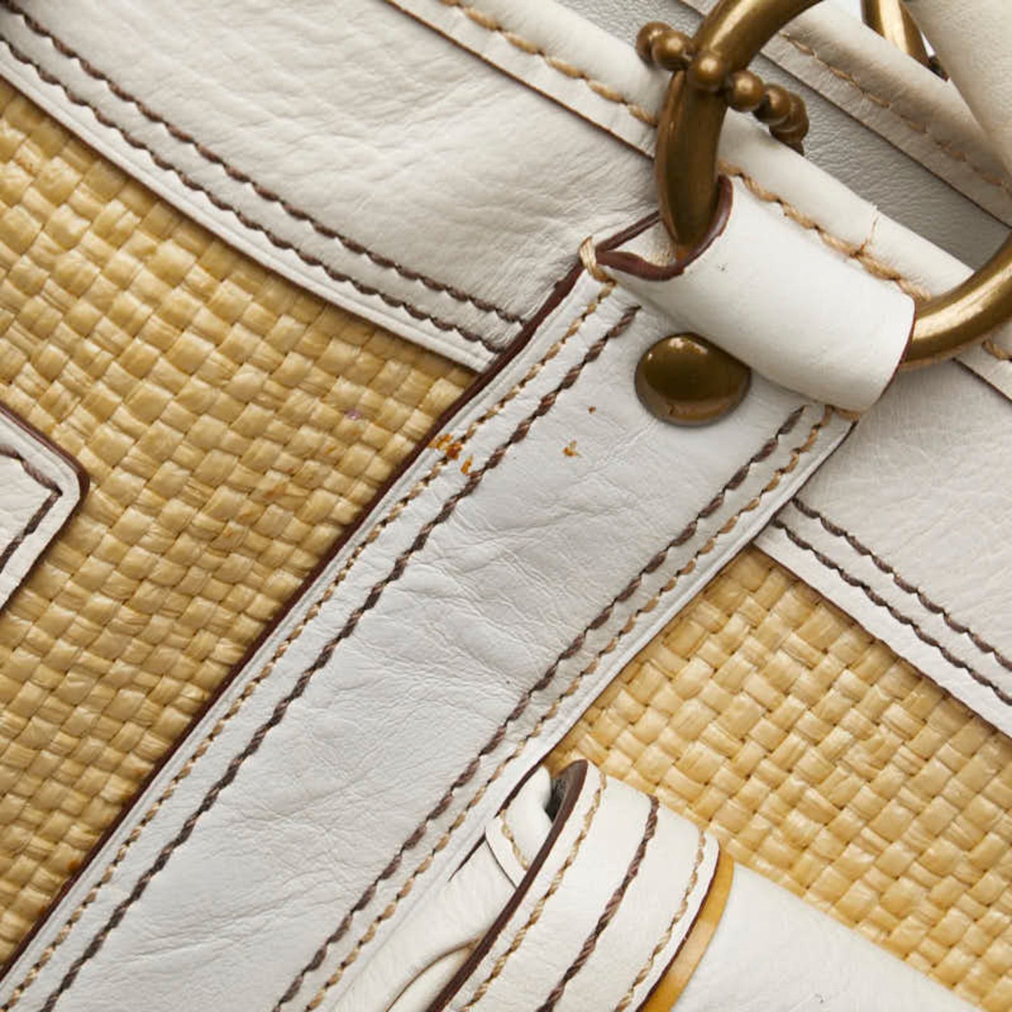 Coach Basket Bag Tote M05K-113 Beige White Straw Leather