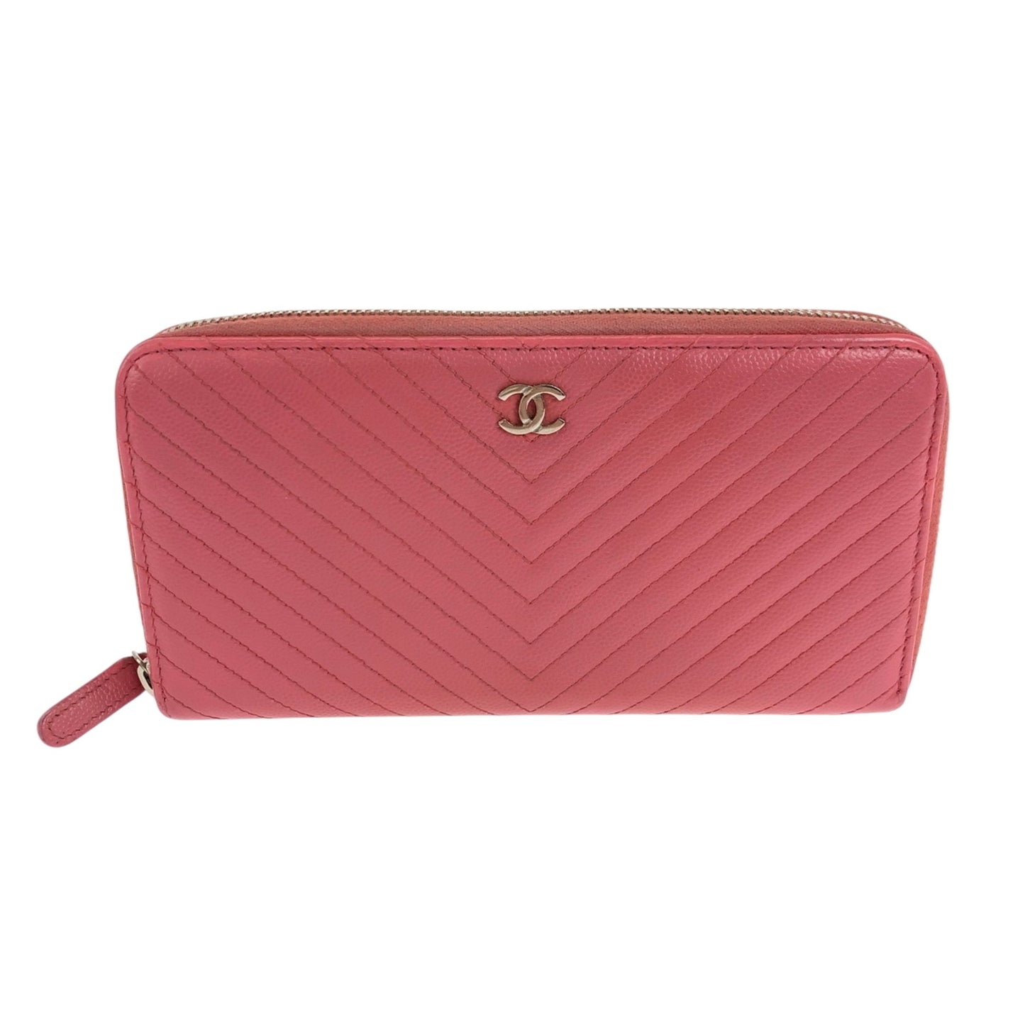 Chanel V Chevron Stitch Coco Mark Pink Gold Hardware Caviar Skin Long Wallet Round Zipper