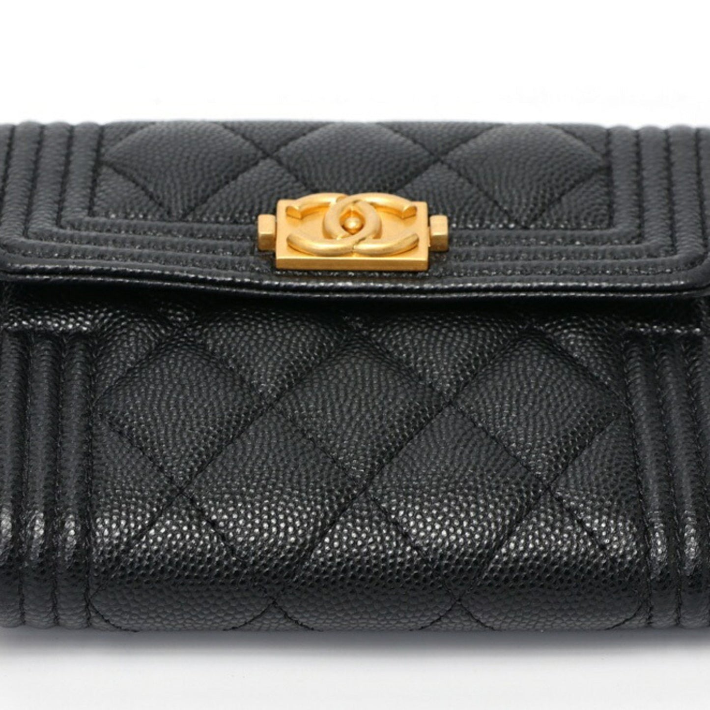 Chanel Boy Chanel Tri-Fold Wallet Compact A80743 Caviar Skin Black S-157867
