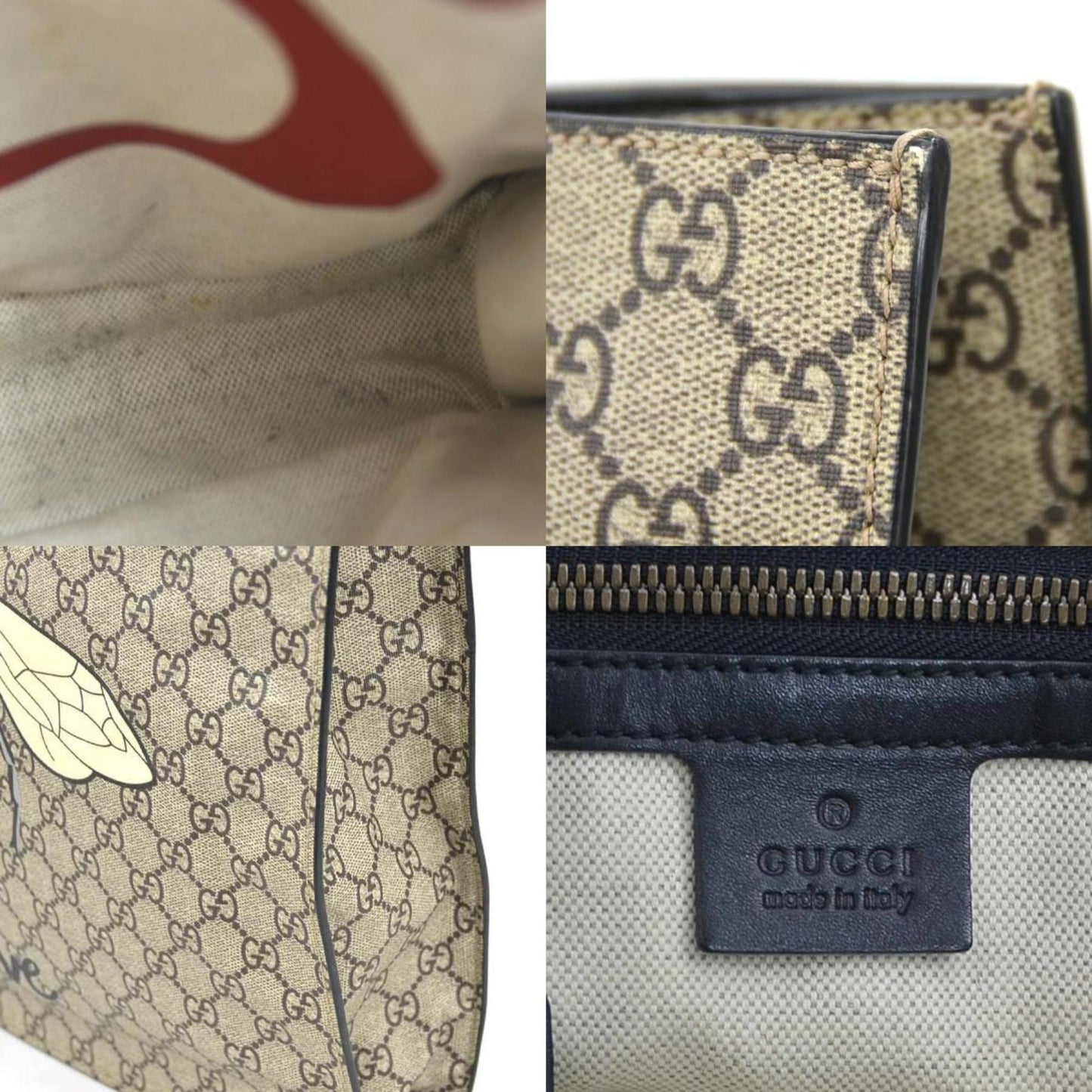 Gucci Handbag Shoulder Bag Bee Print Gg Supreme Canvas Leather Black X Brown