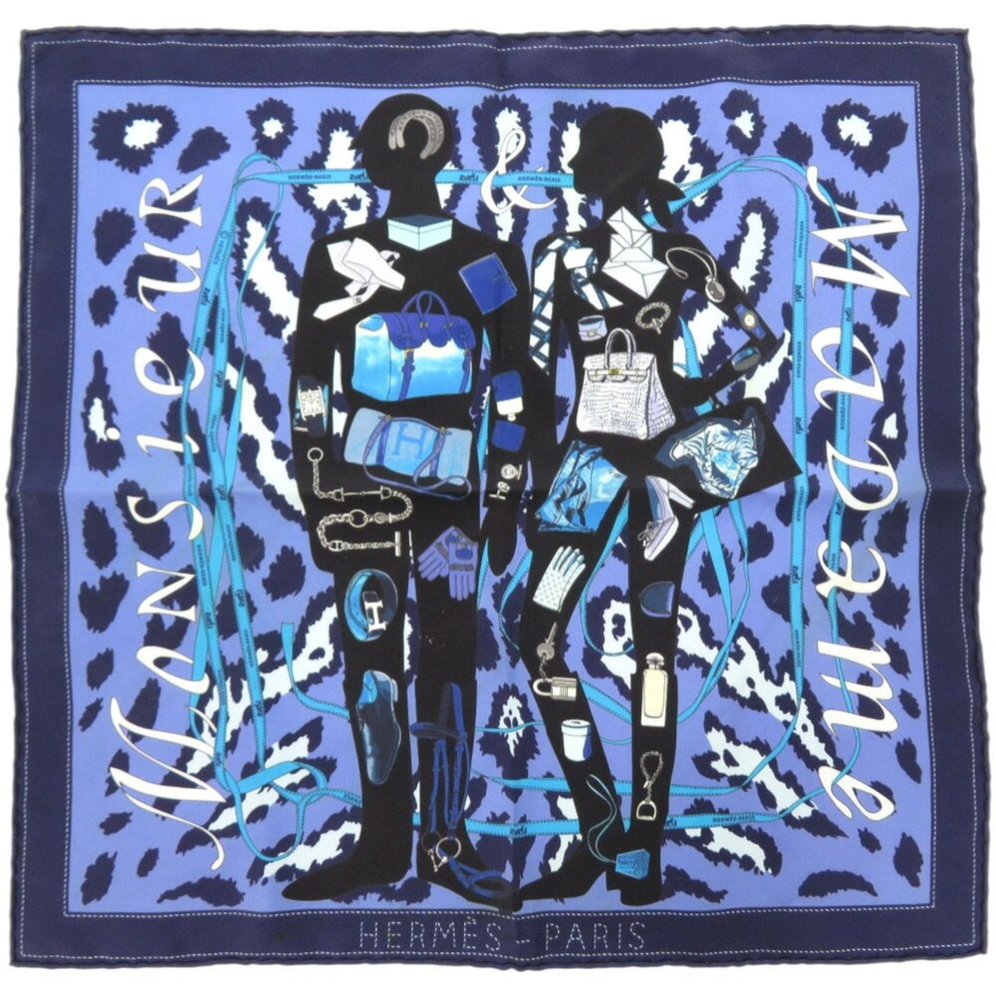 Hermes Carr 40 Monsieur Et Madame Monsieur & Madame Silk Blue Scarf Muffler 0821Hermes