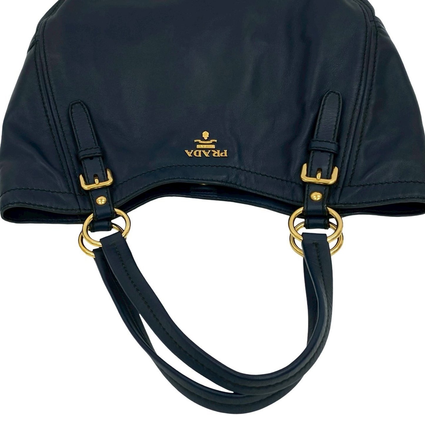 Prada Prada Gold Logo Hardware Leather Genuine Tote Bag Handbag Semi-Shoulder Navy Blue 33-10