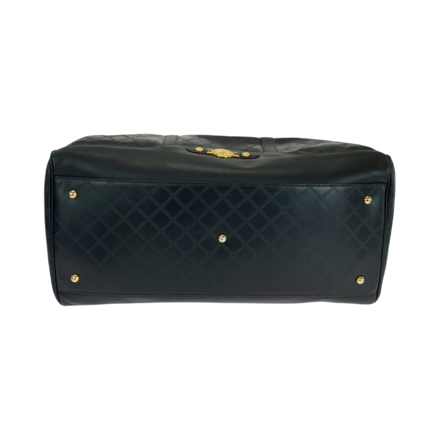 Versace Vintage Sunburst Black Gold Hardware Leather Boston Bag Handbag