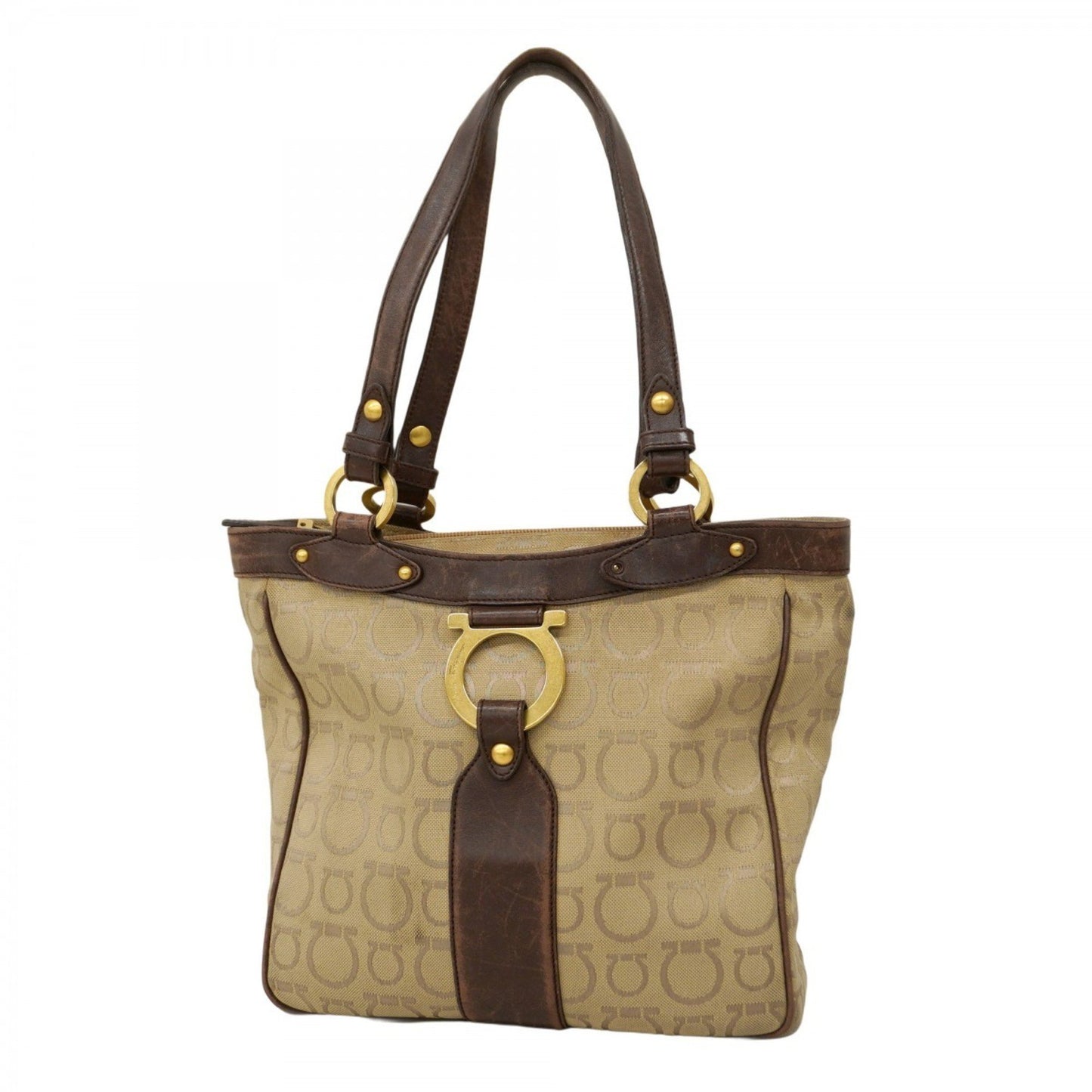 Salvatore Ferragamo Gancini Tote Bag In Beige And Brown