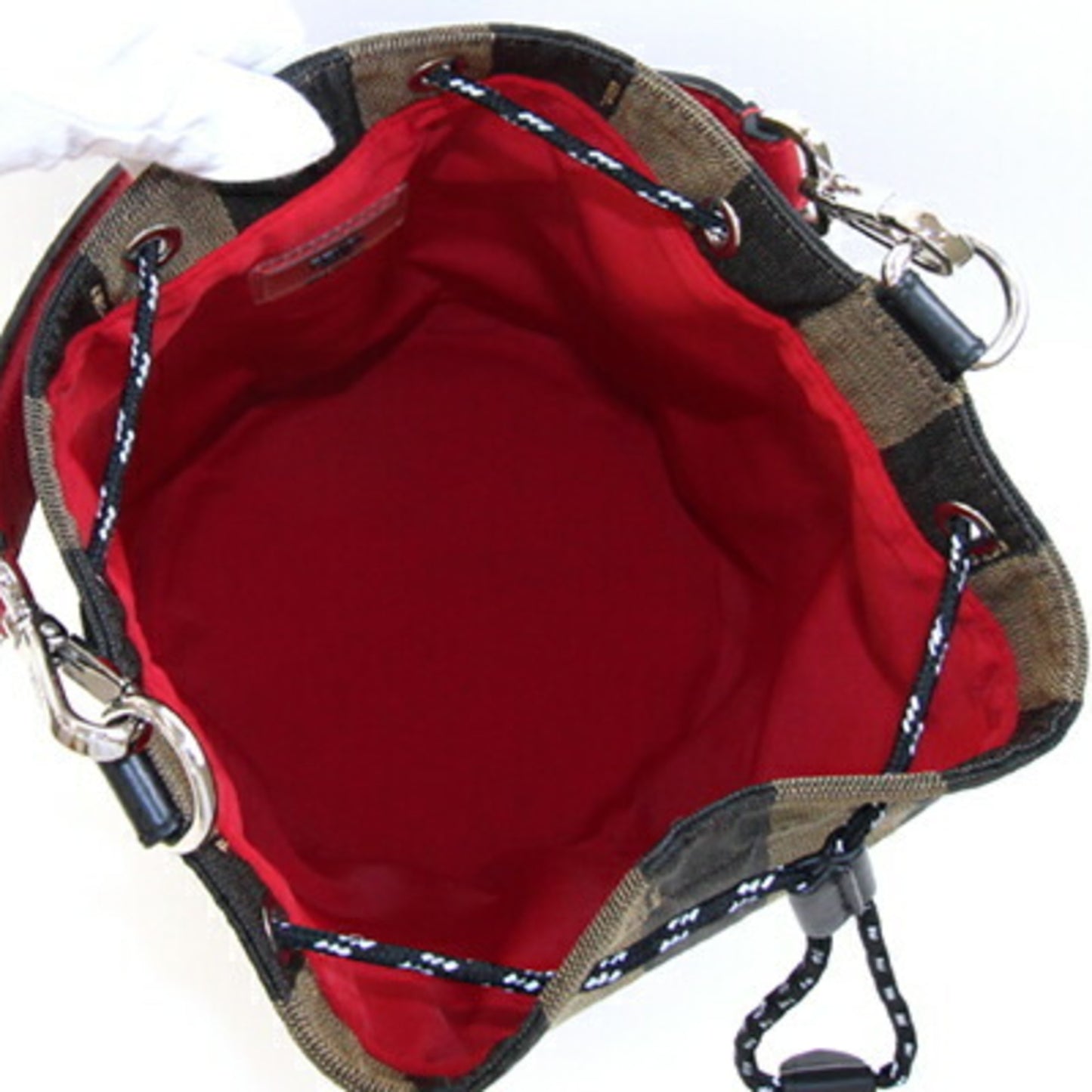 Fendi Bag Montresor 7V50 Khaki Black Red Jacquard Canvas Leather Suede Shoulder Pequin Pattern