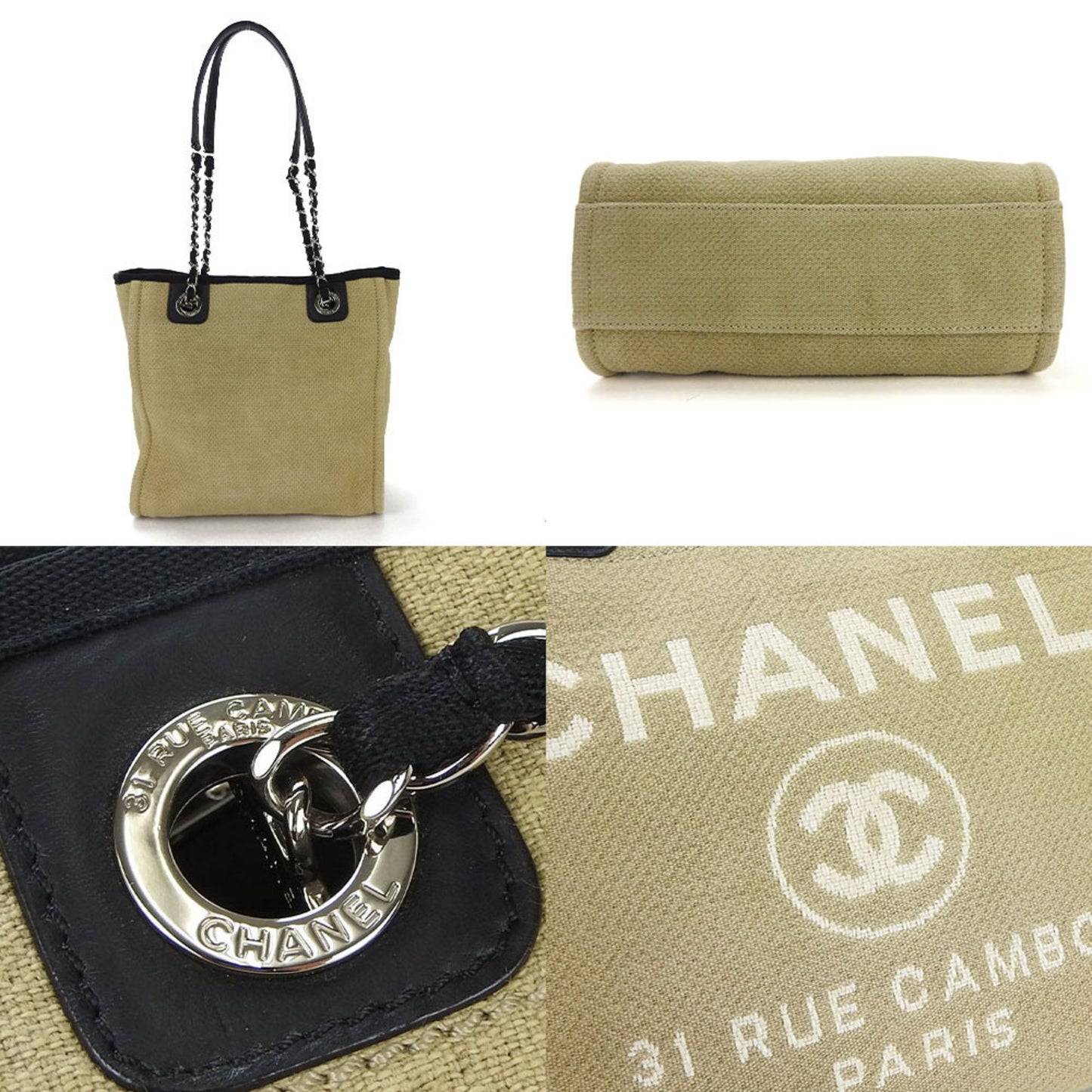 Chanel Tote Bag Pm Chain Deauville No. 16 Canvas Beige Black Coco Mark