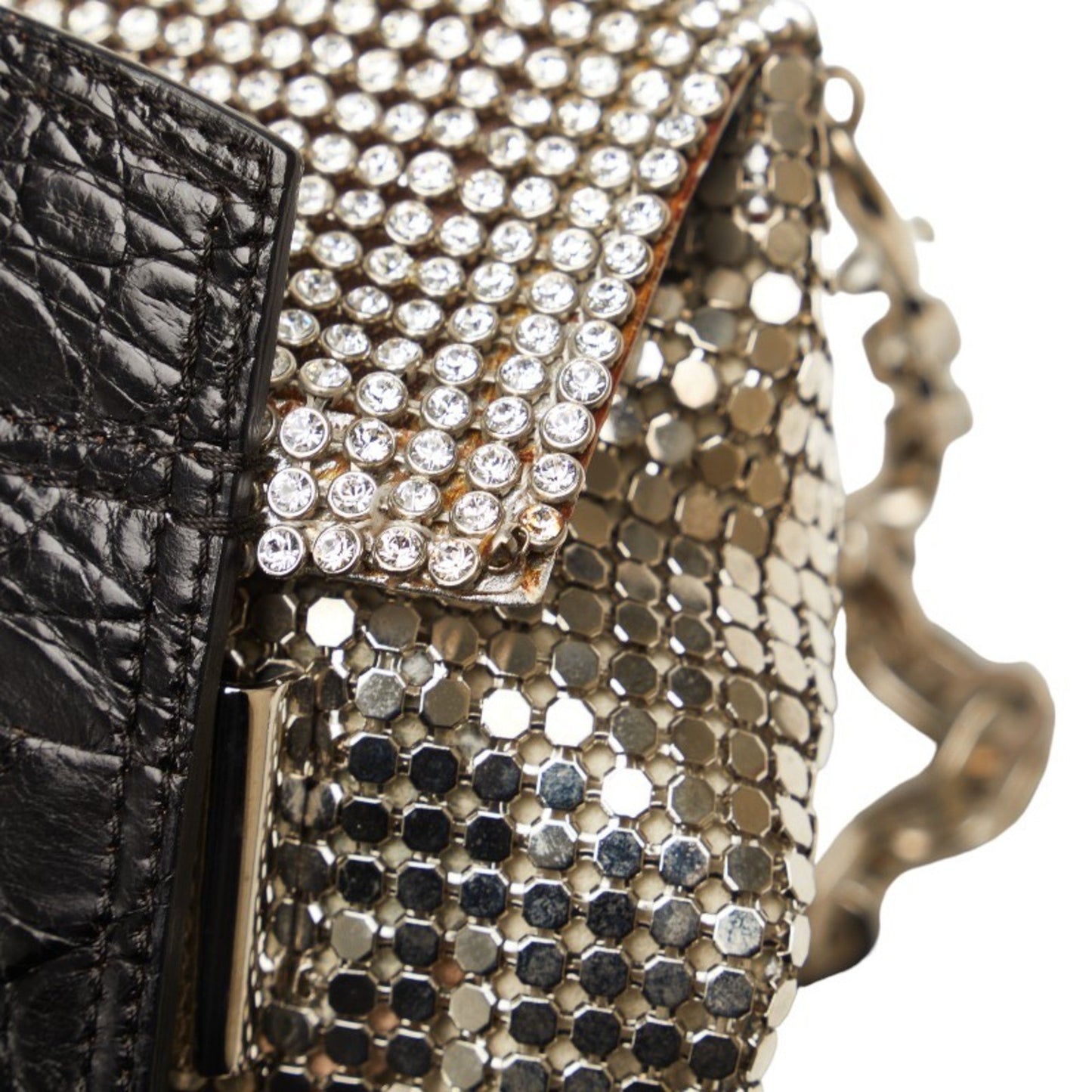 Jimmy Choo Crocodile Embossed Chain One Shoulder Bag Silver Black Leather Metal