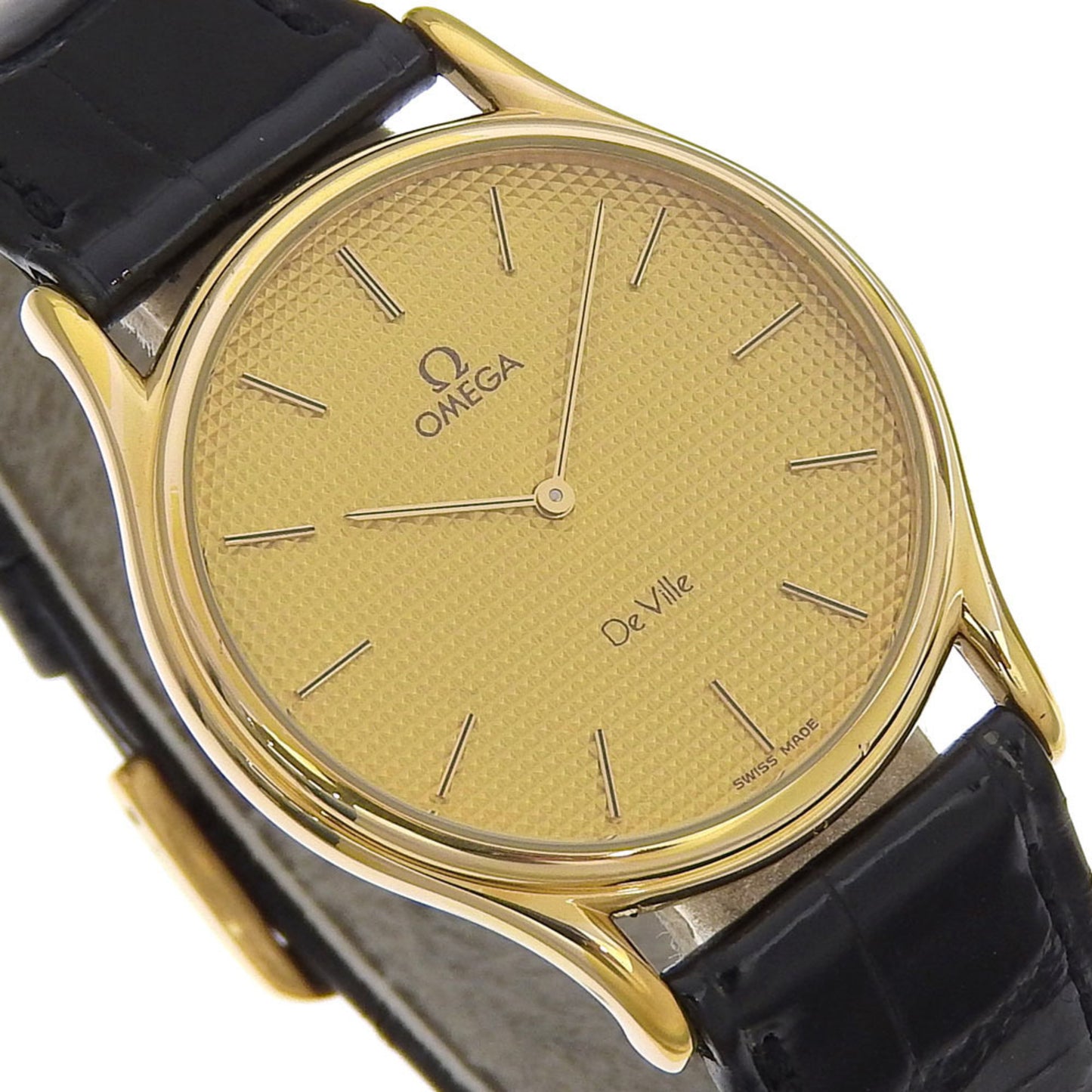 Omega De Ville Watch Cal.1365 Gold-Plated X Embossed Leather Quartz Analog Display Gold Dial
