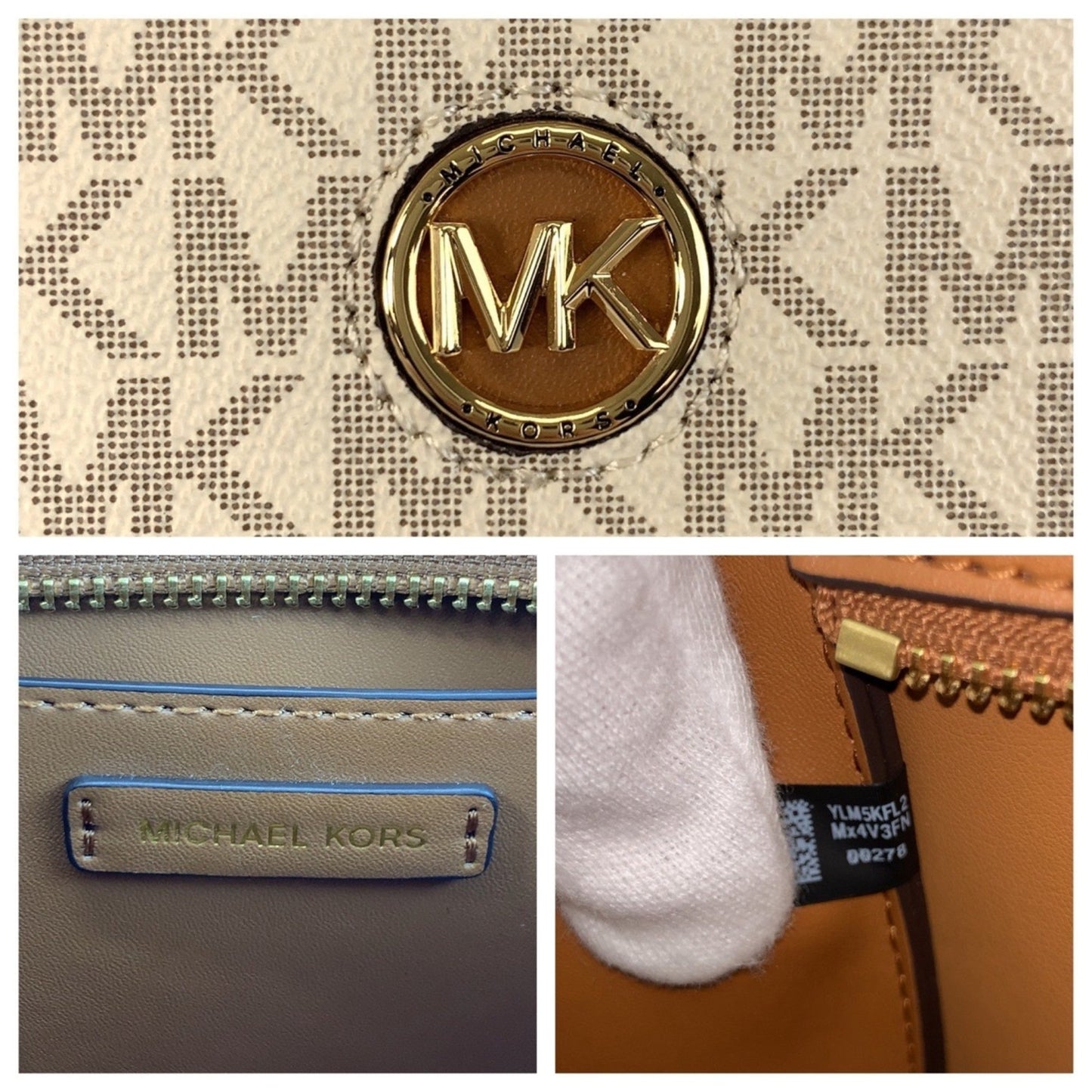 Michael Kors Mk Signature White Brown Gold Hardware Leather 00278 Shoulder Bag Pochette